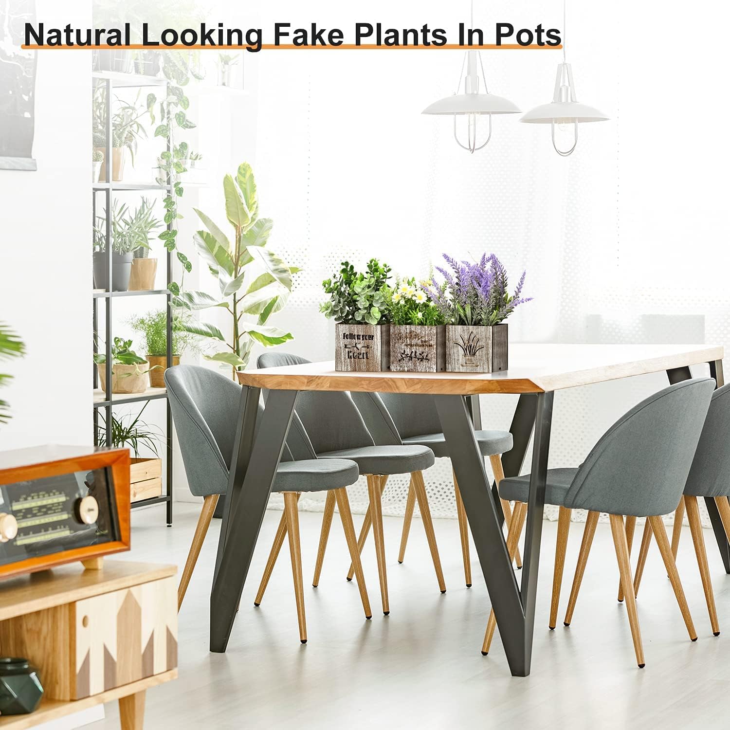 Fake Plants Artificial Eucalyptus Potted Plant with LED Lights 3Pcs Fake Plants in Pot for Home Decor Faux Lavender Plants and Flower Indoor in Wooden Box Pots