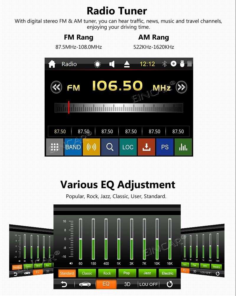 EinCar Stereo System Features Collage: Rear View Camera, Radio Tuner, EQ, Remote Control, AUX Input