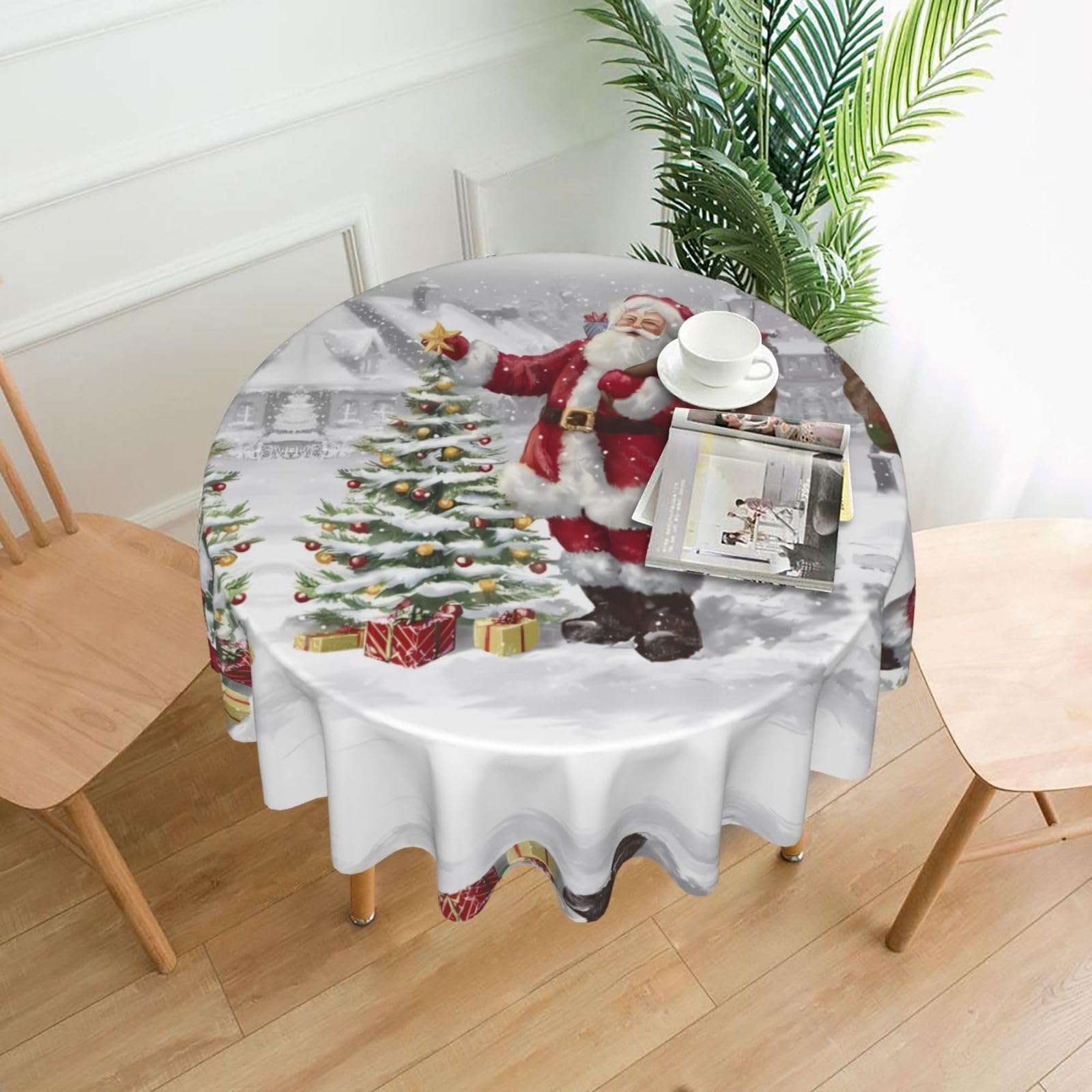 YYHWHJDE Santa Claus Snow Secenry Prints Round Decorative Tablecloth 60in – Elevate Your Dining Experience with This Stunning Table Throw for Parties & Everyday Use