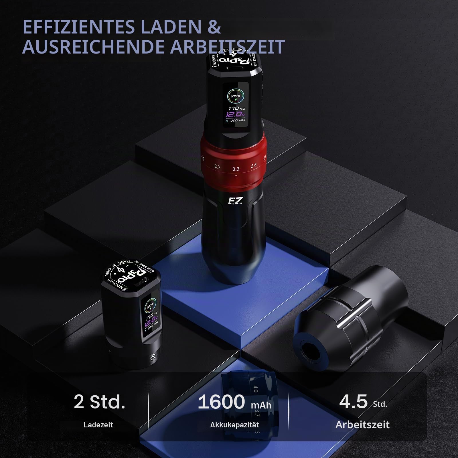 EZ P3 Pro Drahtlose Tattoo Maschine - 6 Anschläge 2.0, 2.4, 2.8, 3.3, 3.7, 4.2mm Bluetooth Tattoo Maschine mit OLED Digitalanzeige 1600mAh Akkuleistung (Mattes Schwarz)