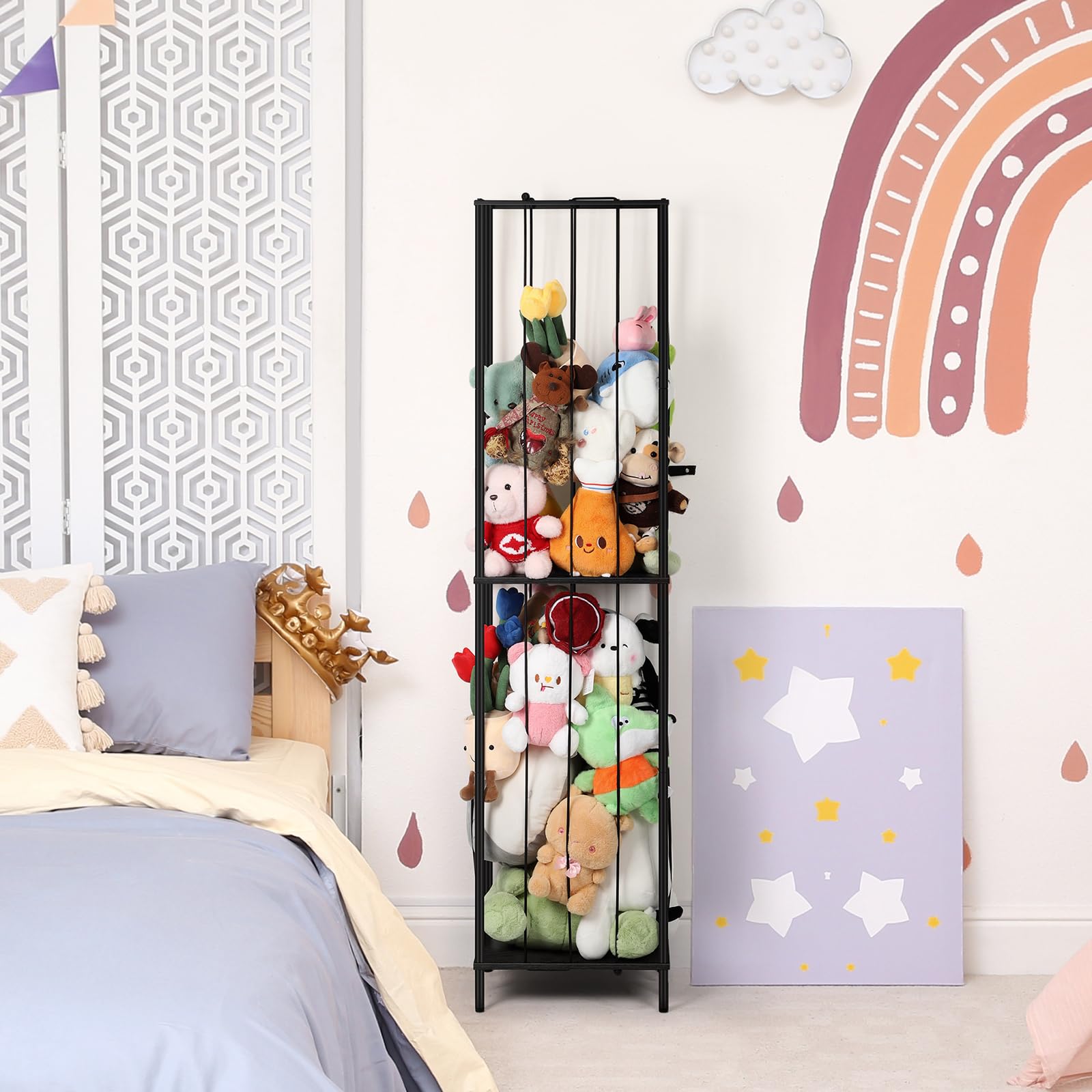 Photo 1 of OYEAL Stuffed Animal Storage Holder Metal Toy Storage Organizer, 64'' Stuff Animal Organizer Plushies Storage with Elastic Rope for Playroom Bedroom Kid Room, White