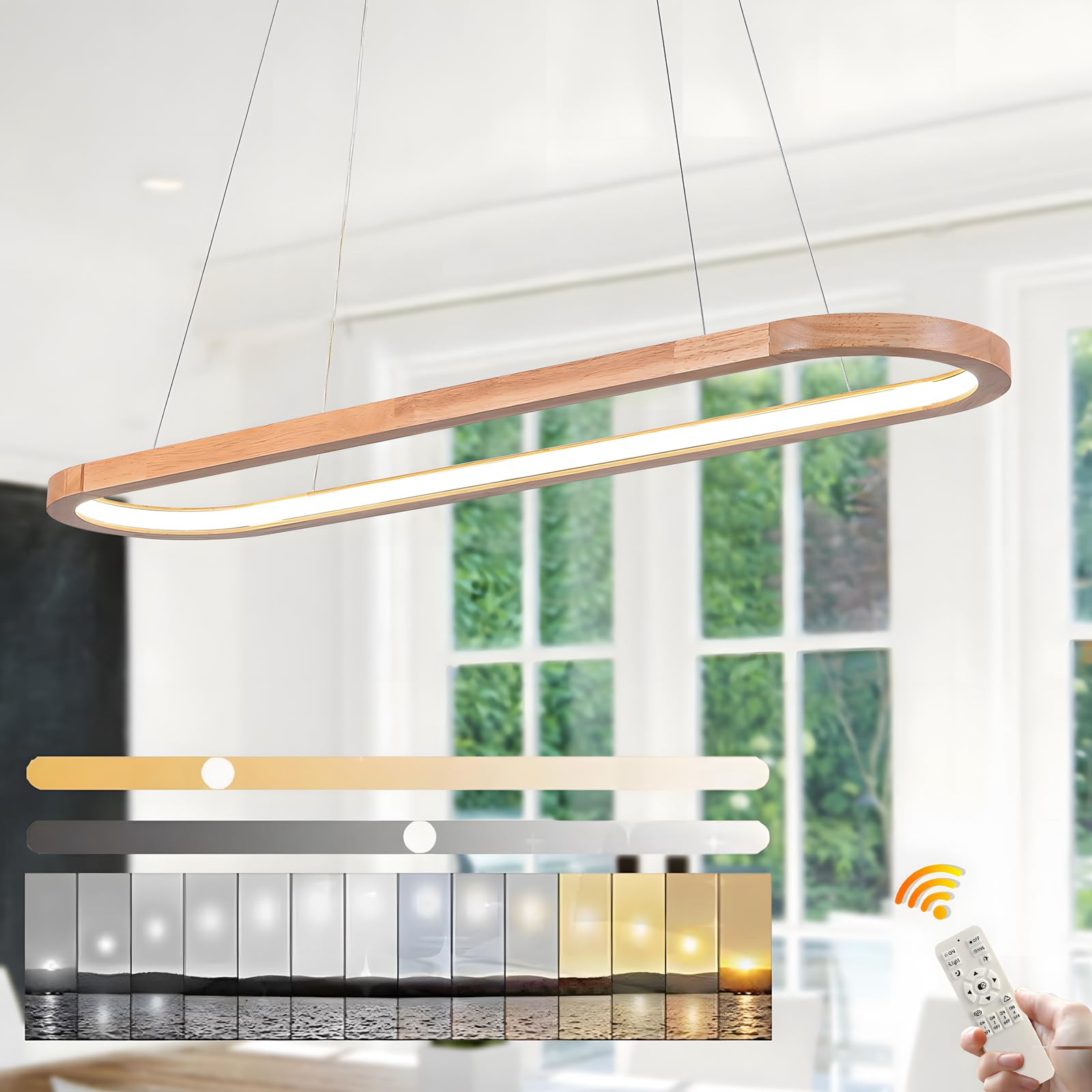 WayLuoung Luz De Techo De Lámparas LED De Madera, Accesorio De Iluminación De Madera Anillo Ovalado 3000-6000K, Lámpara Colgante Círculo Ajustable, Sala Estar De Comedor Isla De Cocina【90cm】