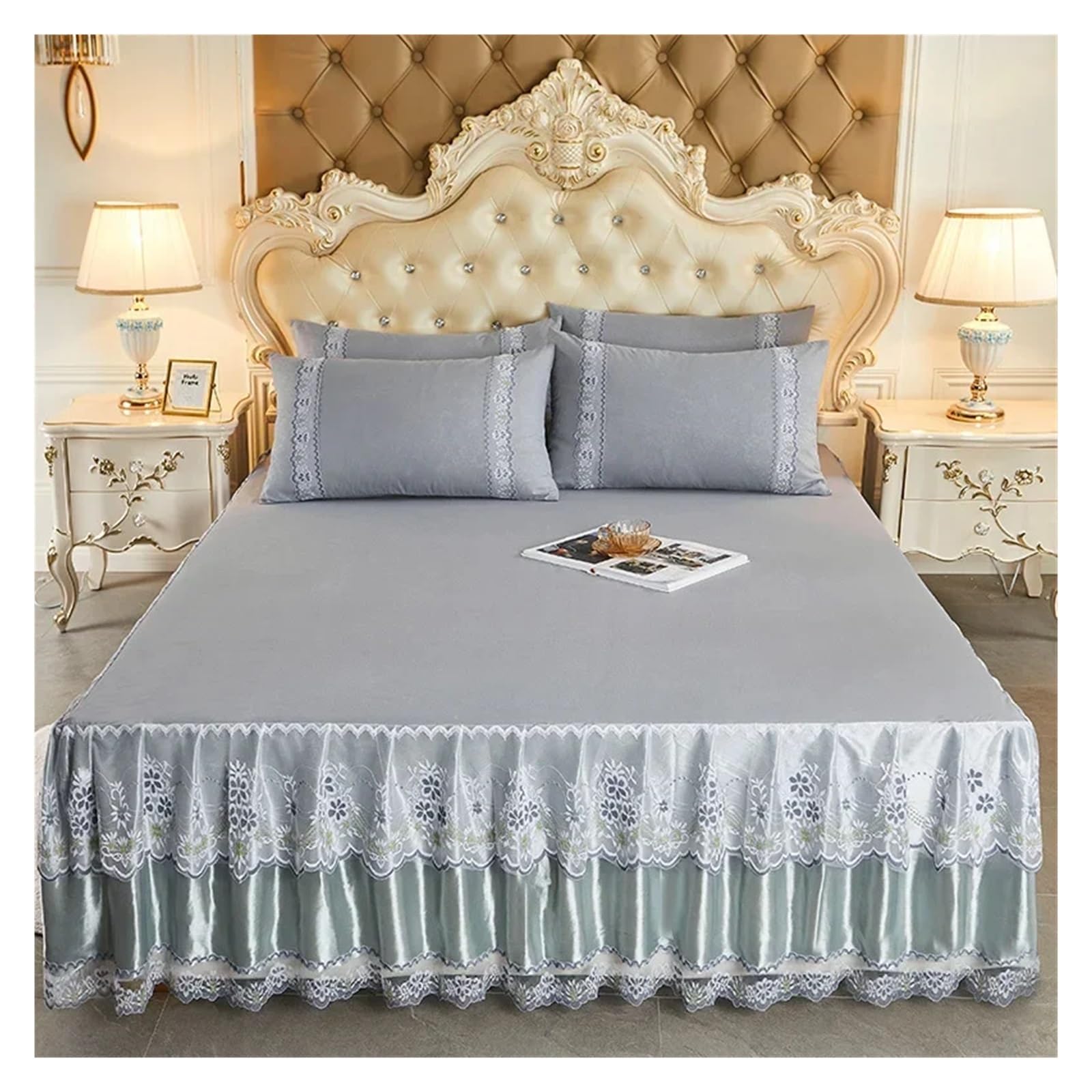 Lace Ruffled Bedroom Bed Skirt Non-slip Mattress Cover Bedspread King Size(Color 4,1PC 150x200cm)