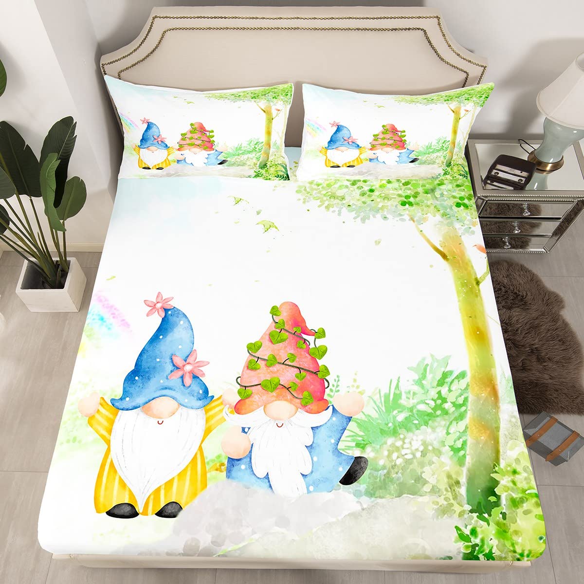 Spring Gnome Bed Sheets,Kawaii Gnome Couple Sheet Set For Kids Boys Girls Bedroom Decor,Pink Cherry Blossoms Fitted Sheet,Watercolor Green Trees Flat Sheet,Yellow Floral Flower Top Sheet,Twin 3Pcs
