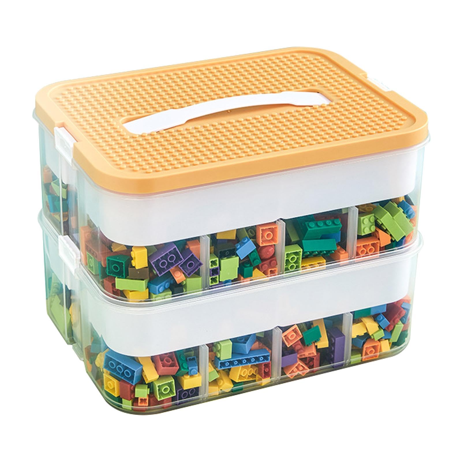 Fukamou Container for Building Blocks | 2 Layers Toy Organizer Bins with Compartments,Toy Box with Building Baseplate Lid, Containers Bins for Building Bricks Dolls Crafts Organization