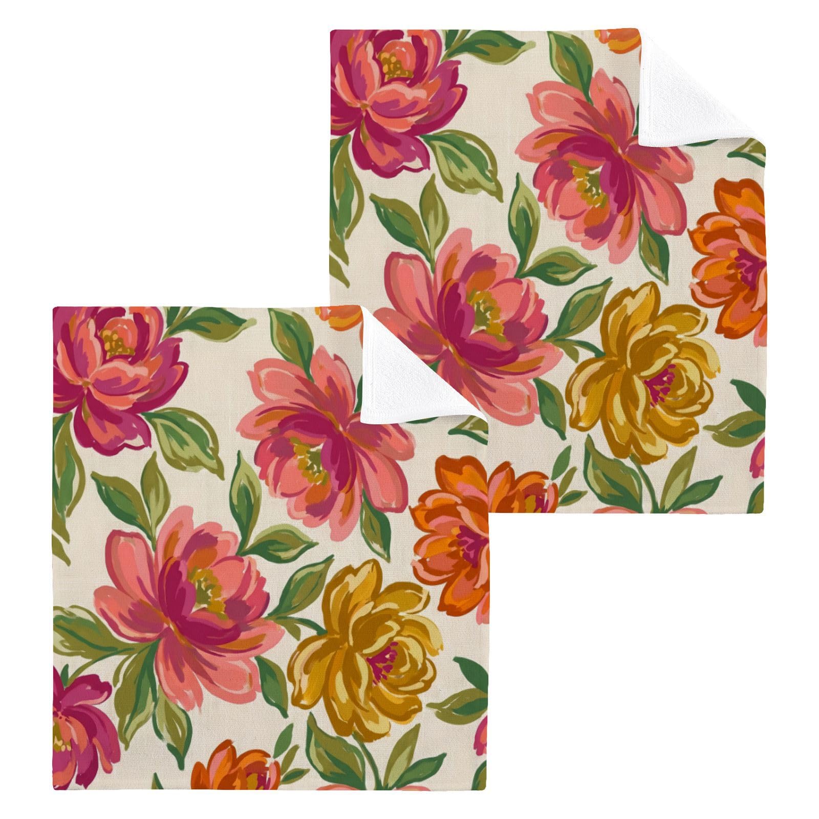 BOESI Sunset Peony Brushstroke 12x12in Cotton Washcloth,Face Towel