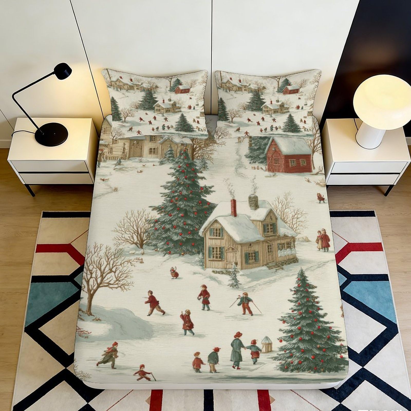 Zfldkwgb Style-10 3D Printed Winter Village Fitted Sheet Microfiber Soft Breathable Snow Scene Bed Cover For Bedroom Dorm Mattress Decor 90X200x25cm