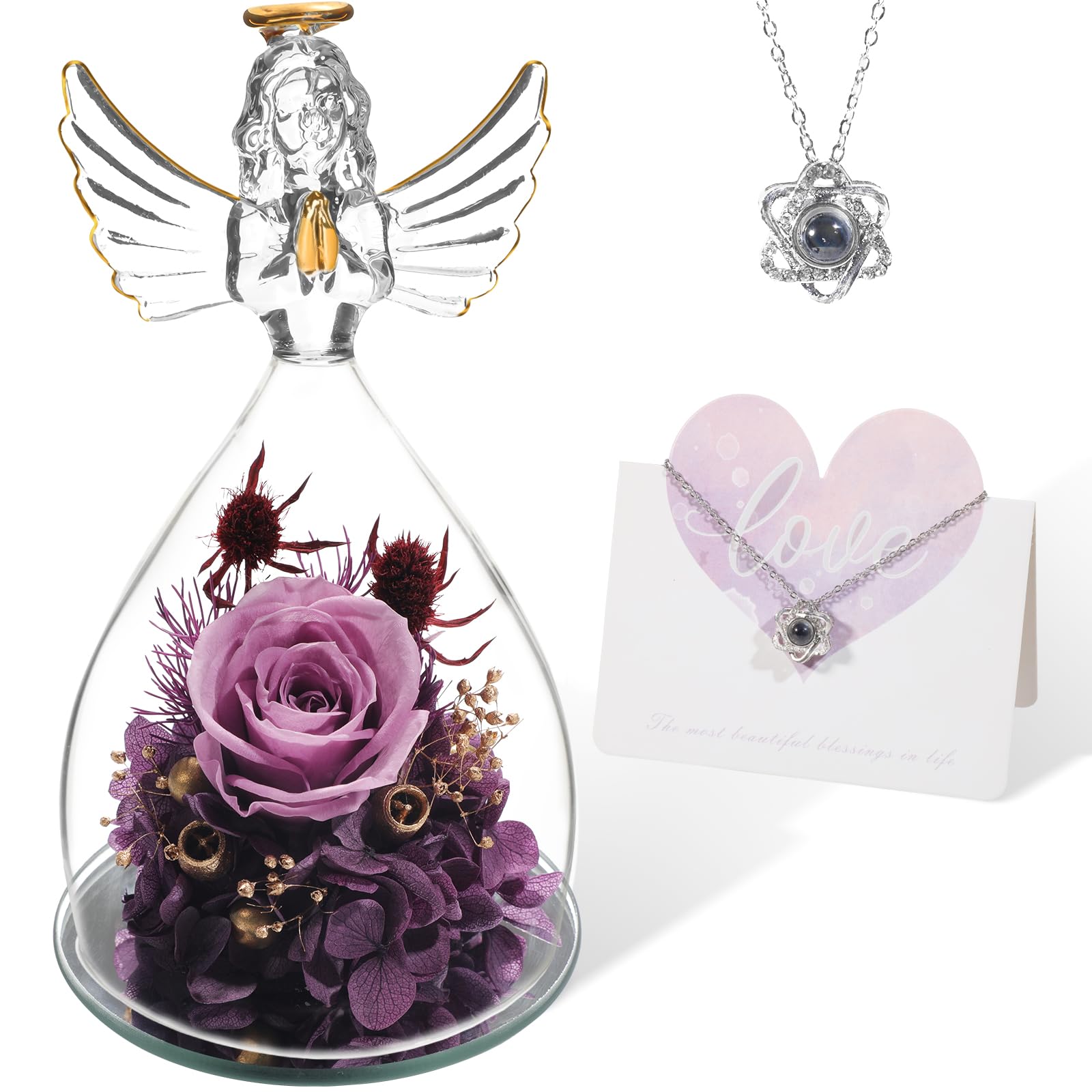 Forever Flowers Preserved Rose in Angel Figurines Gifts for Women Mom Grandma Her, Purple Roses as Mothers Day Flower Gifts, Birthday Gifts, Anniversaries Gifts, Womens Gifts, Mom Gifts, Grandma Gifts