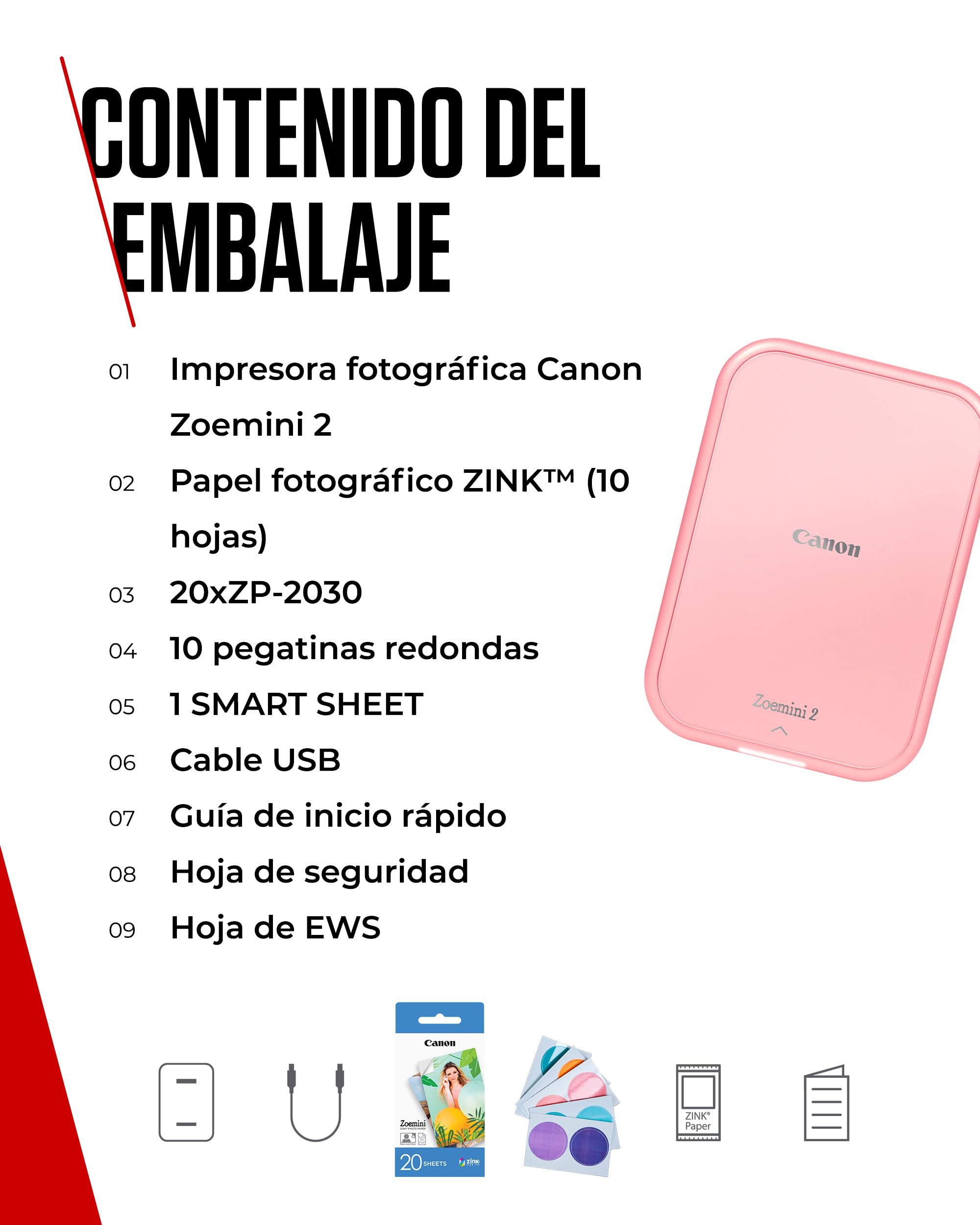 Canon Kit Zoemini 2 Impresora fotográfica + Papel fotográfico Zink 20 Piezas + Papel ZP-2030 (20 Hojas) + 10 Adhesivos Circulares (para Smartphone, USB C, Bluetooth, impresión móvil) Oro Rosa