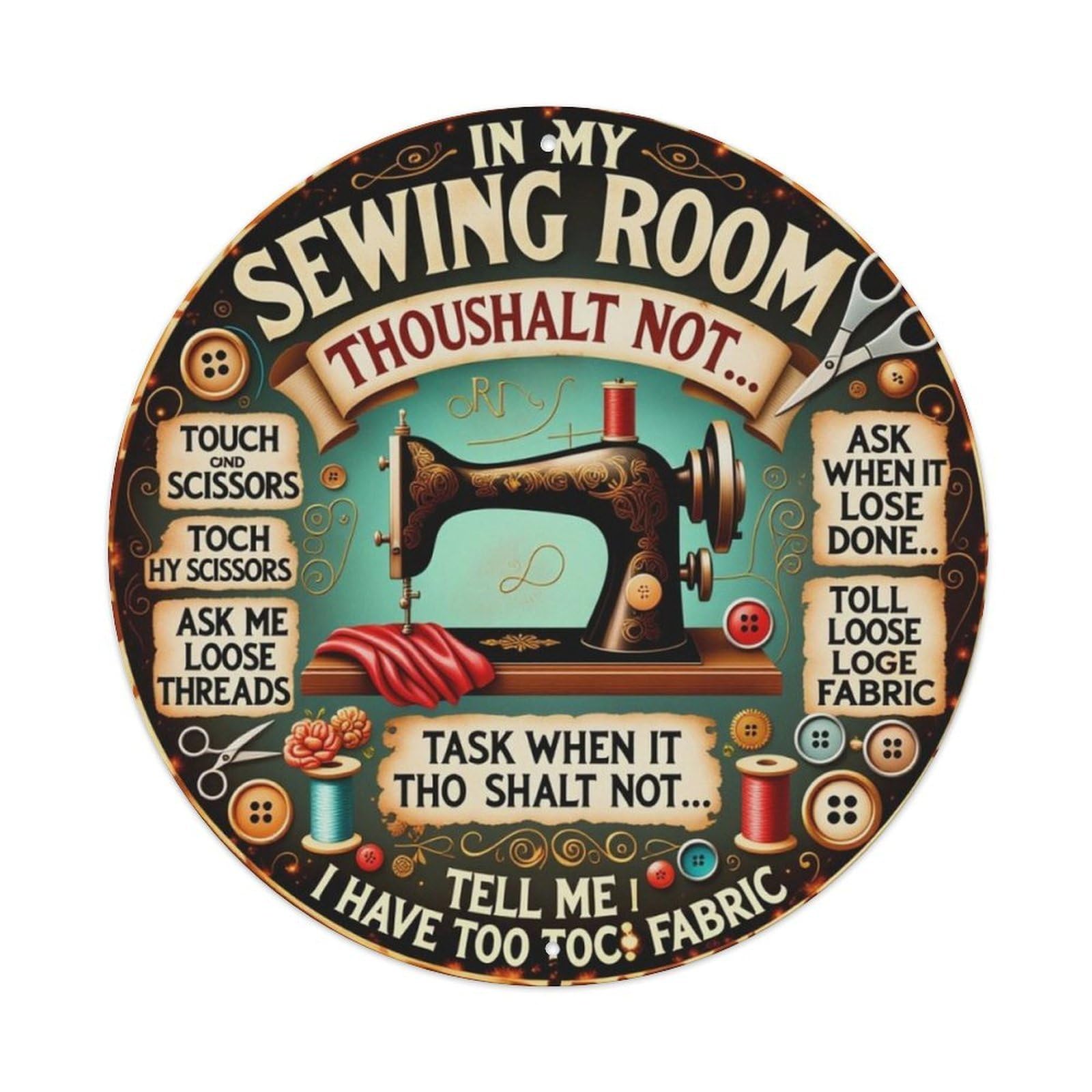 Vintage Sewing Machine Sewing Room Rules Round Decor Sign Vintage Aluminium Metal Sign, Retro Wall Decor for Home, Bar, Garage & Farmhouse 20x20cm