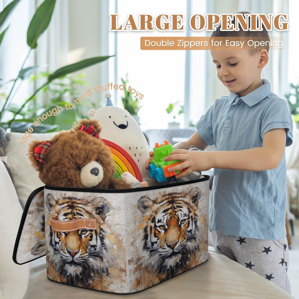Storage Bin Set of 2 3D Tiger Storage Basket with Zipper Lid & Handle Foldable Closet Shelf 2 Pack Cloth Organizer Basket Cube Bins Clothes Organizer for Bedroom, Nursery