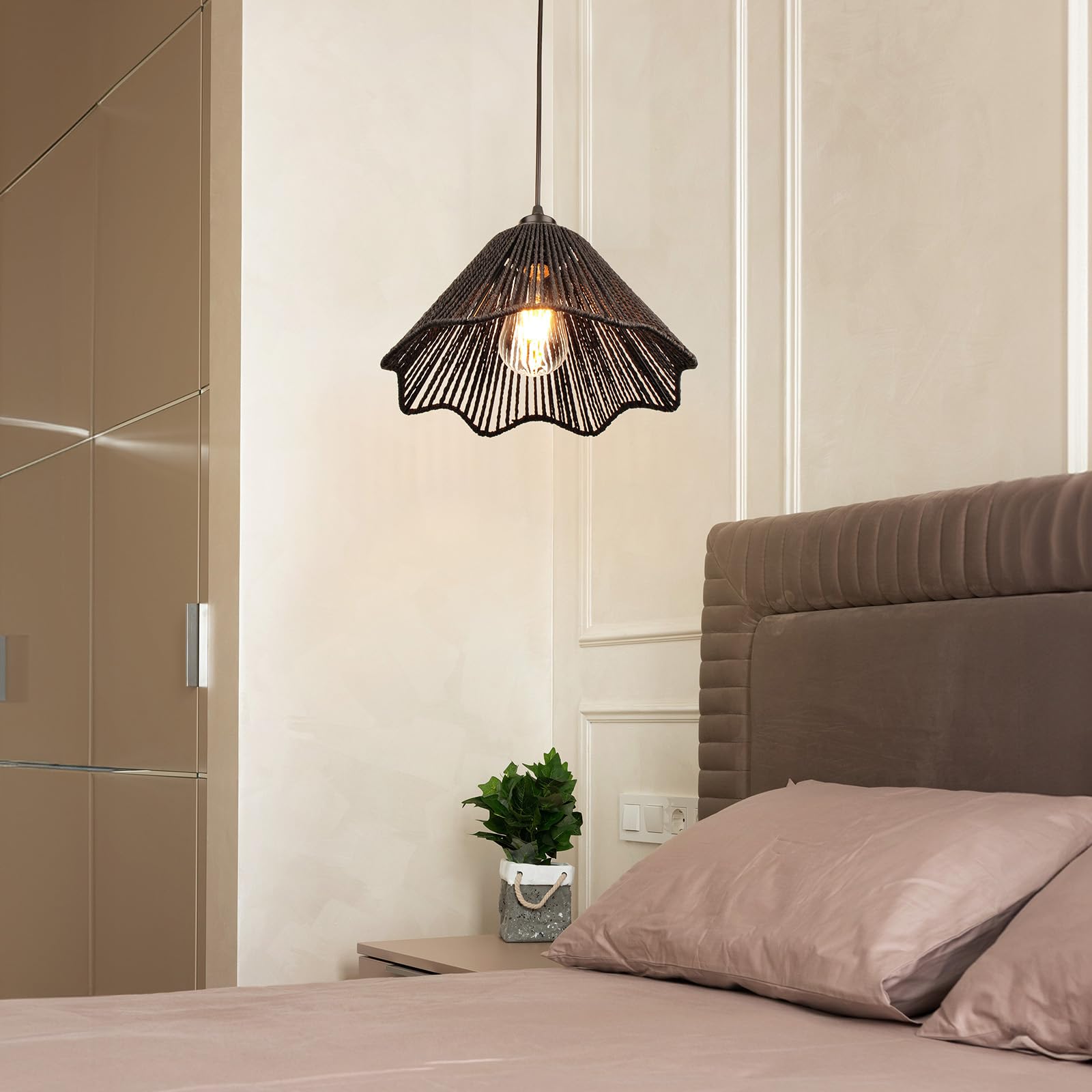 tebio Plug in Pendant Light,Rattan Hanging Lights with Plug in Cord 13FT Hemp Rope Cord, On/Off Switch Chandelier for Boho Living Room Bedroom Kitchen(Bulb Included) 12 x 6 inch