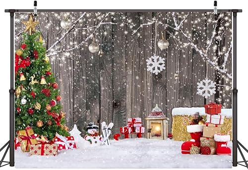 AIIKES Telón de fondo de fotografía de Navidad de 7 x 5 pies, árbol de Navidad, copo de nieve, regalo de madera, telón de fondo de Navidad, fiesta