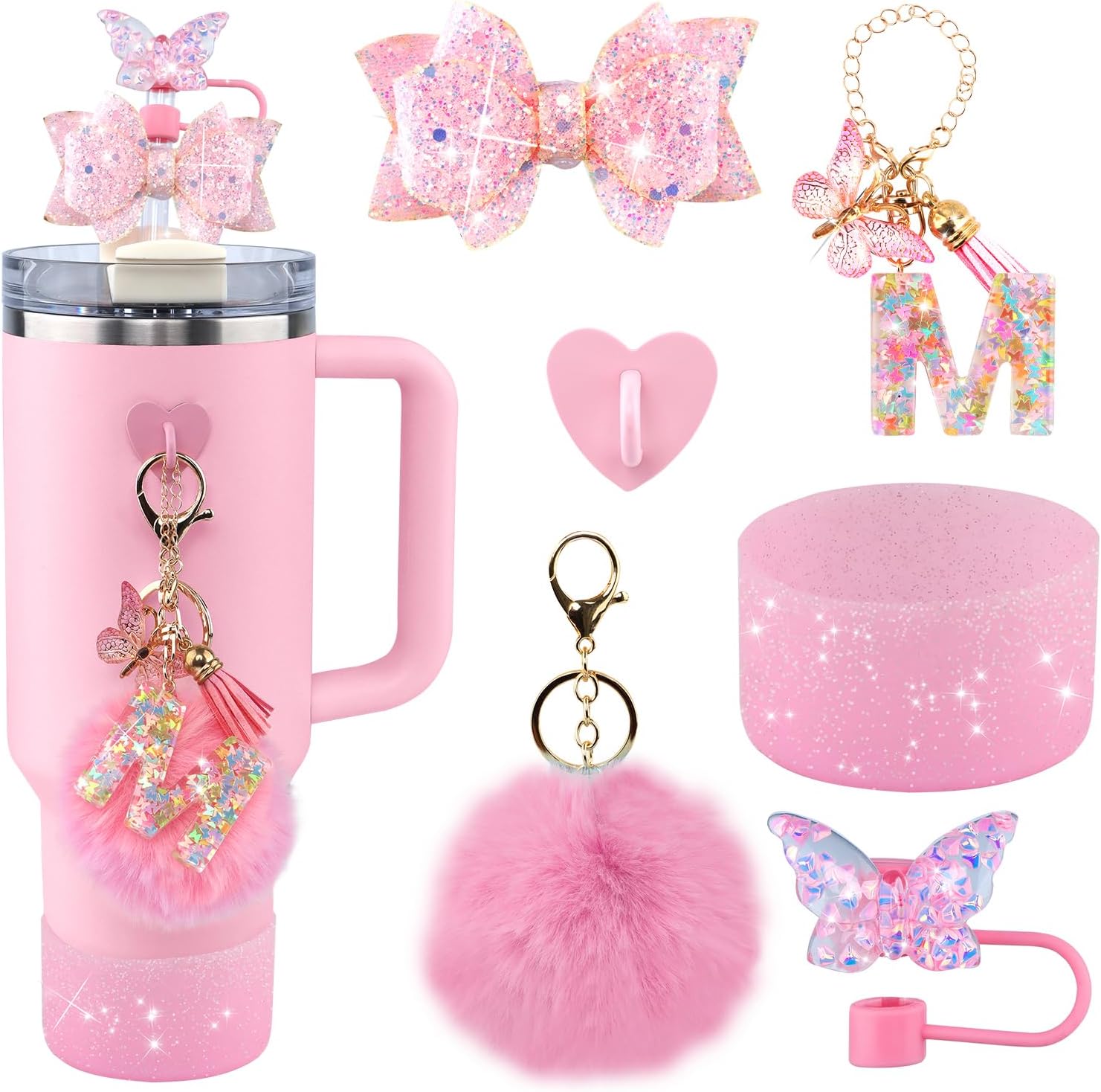 6Pcs Pink Stanley Cup Accessories Set - Butterfly Straw Topper Cover Cap, Bling Bow for Straw, Sparkly Silicone Boot, Letter Charm and Pompom for Stanley Cups Tumbler 40Oz 30Oz 20Oz M
