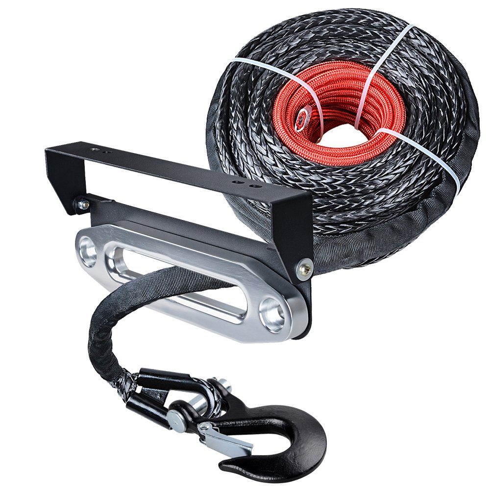 Astra Depot 95ft x 3/8 inch (0500LBs Synthetic Winch Rope Heat Guard + 10 inch (ilver Hawse Fairlead with 4 Mounting Hole 254mm Flip-Up License Plate Holder + Grade 70 Steel Hook