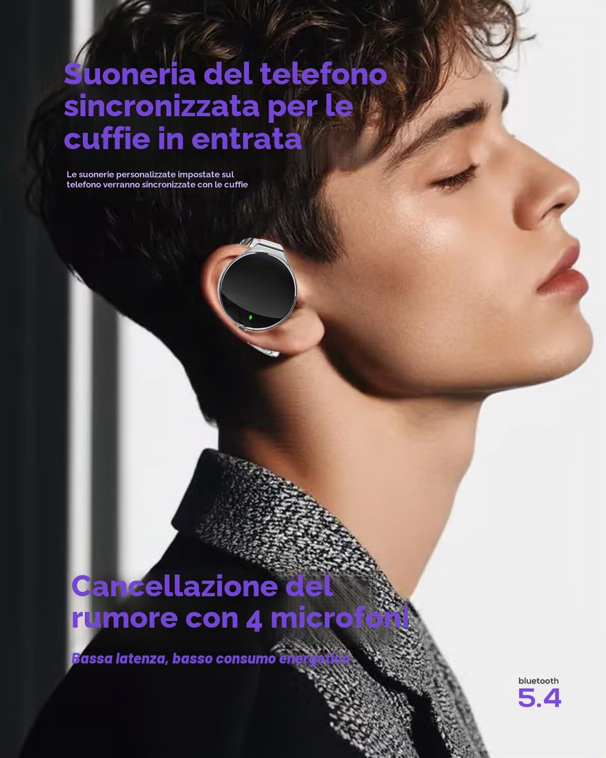On Ear Cuffie Bluetooth 5.4, Open Ear senza fili Bluetooth auricolari, cancellazione del rumore, clip on sport a forma di goccia d'acqua, Cuffie Bluetooth con 4 microfoni, comfort fit