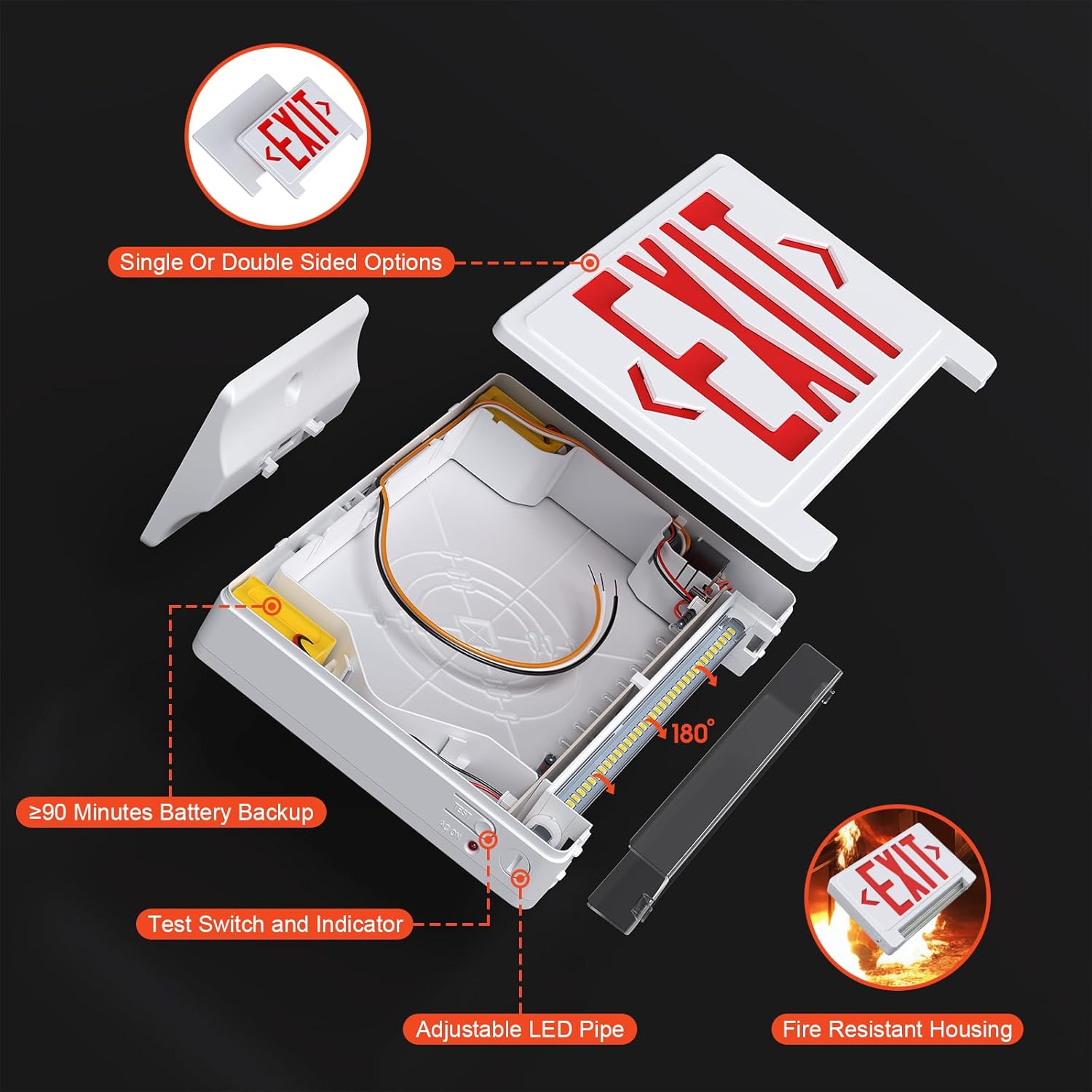 Exit Sign with Adjustable LED Pipe,Exit Signs with Emergency Lights Bar Combo, Compact Hardwired Exit Sign with Battery Backup,Red Led Emergency Exit Light for Business ,120V/277VAC,UL Listed,Top/Side/Wall Mount (1 Pack)