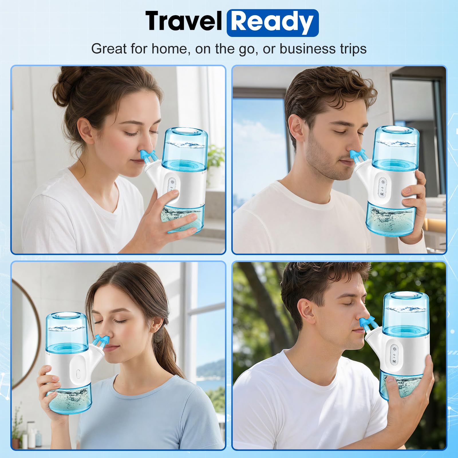 Irrigador Nasal Eléctrico Inalámbrico De Doble Depósito, Lavado De Senos Paranasales Con 2 Modos De Enjuague, Recogida Automática De Residuos, 800mAh, Impermeable IPX7, 8 Boquillas, 40 Sobres De Sal