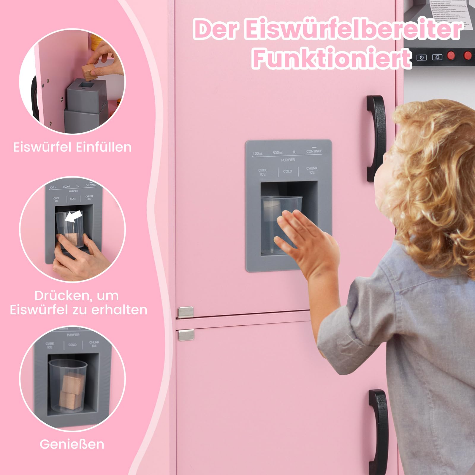 COSTWAY Kinderküche Eck, Spielküche mit Licht & Sound, Kinderspielküche mit Spüle, Eismaschine, Backofen & Kochgeschirr, Holzküche Spielzeugküche für Kinder ab 3 Jahren (Rosa)