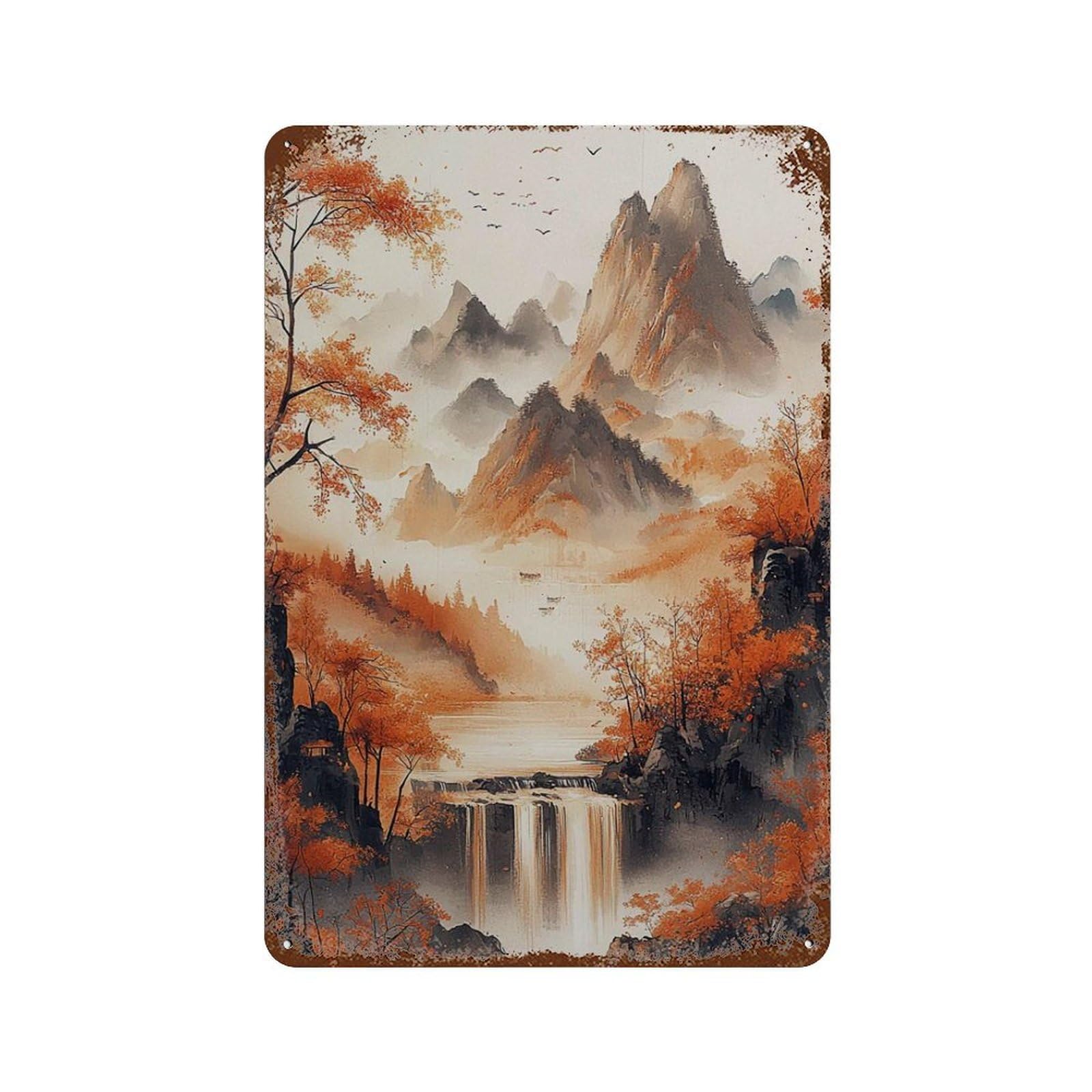 xiaoxiaoshen Autumn Mountain Waterfall Misty Asian Landscape Orange Forest Nature Wall Decor Art Metal Tin Poster Modern Home Decor Art Home Bar Shop Decorations Vintage Sign 30x20cm