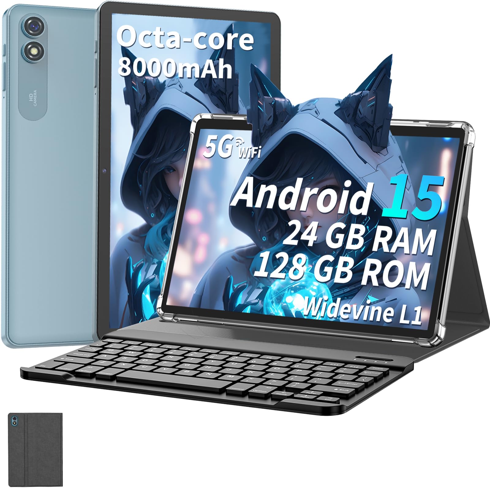 2025 Tablet, 10 inch Android 15 Tablet with Keyboard, 24GB RAM+128GB ROM(1TB Expand), Octa Core, 5G/2.4G WiFi, 8000mAh, BT V5.0, with Case, Mouse, Stylus, Split-Screen(Gray)
