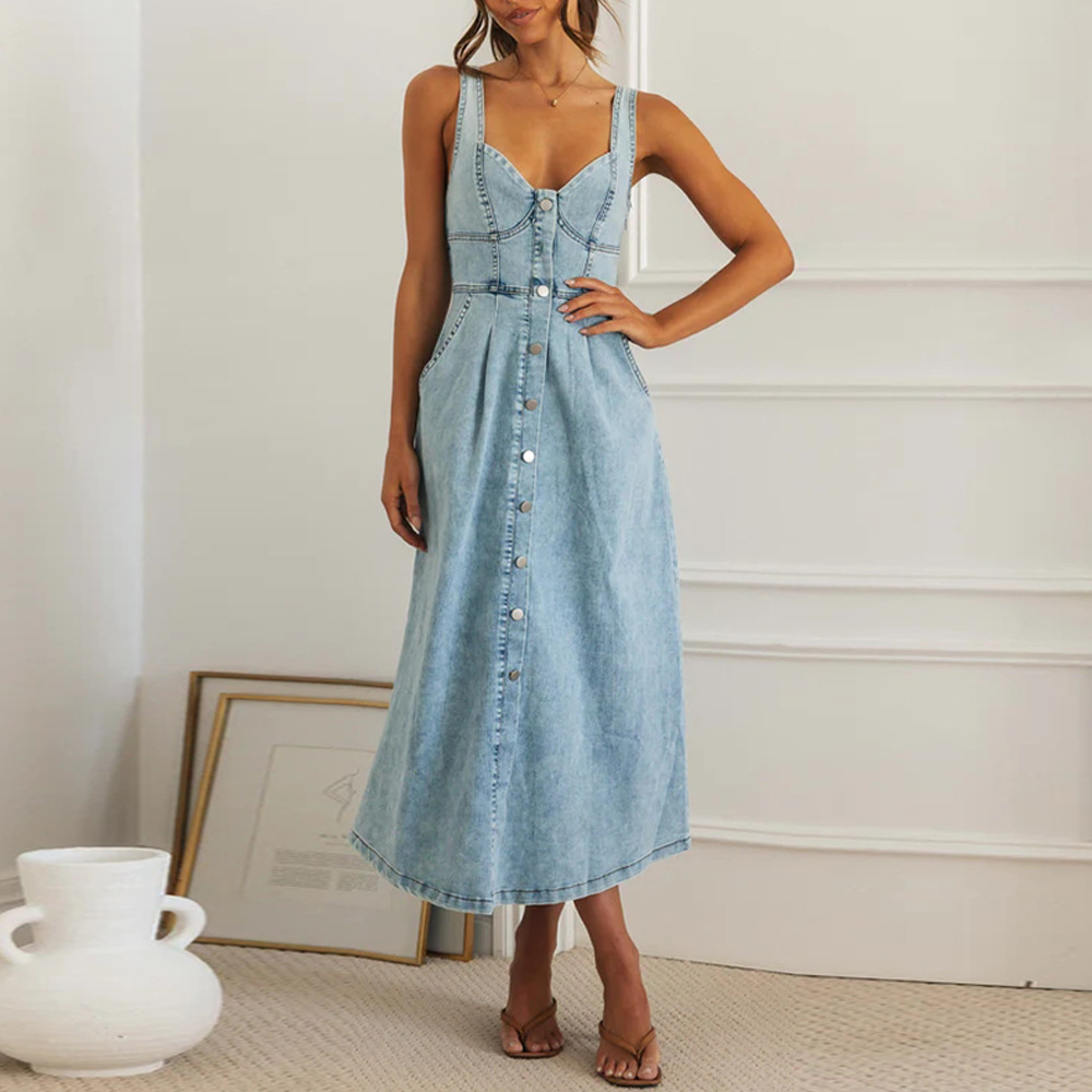 Amazon.com: cffvdiz Women's Sexy Strap Maxi Denim Dress Summer