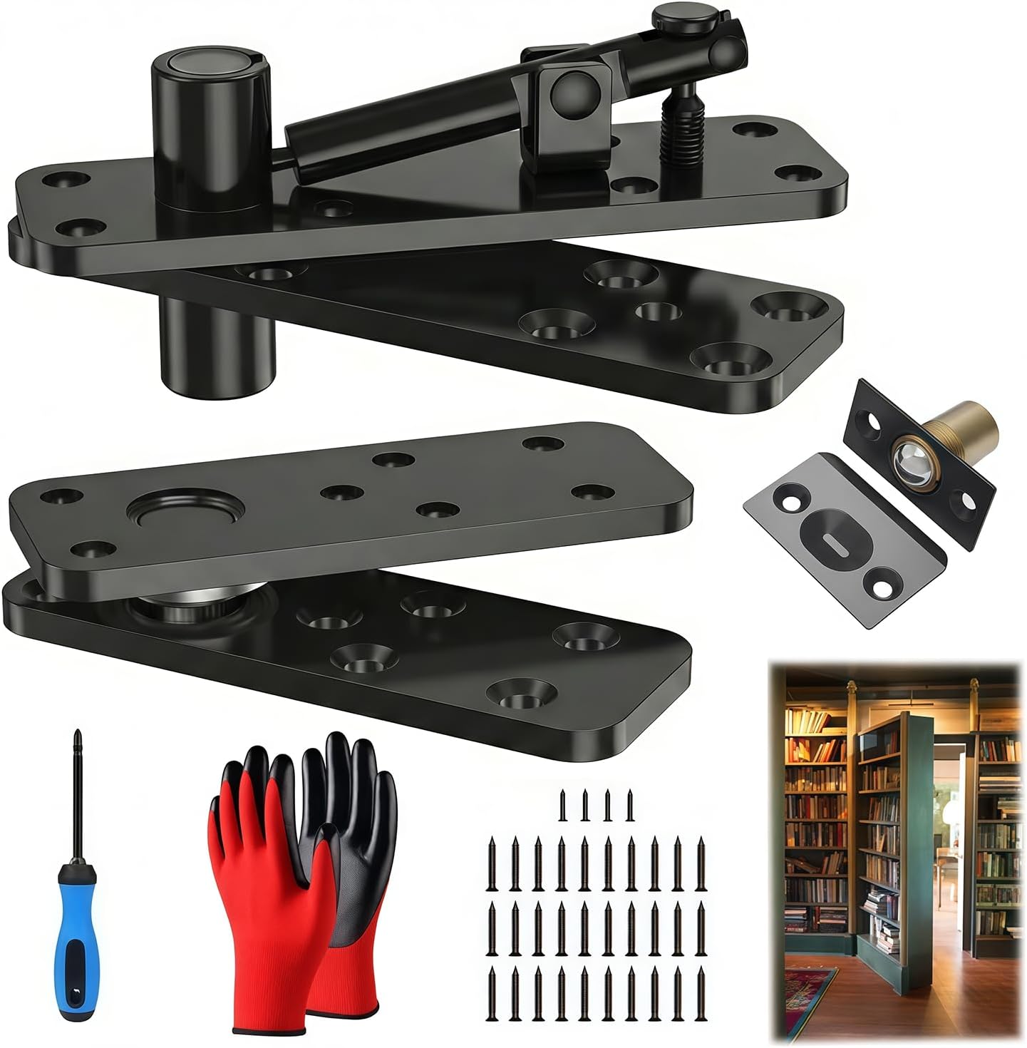 Heavy Duty Pivot Hinge for Hidden Door - 600LB Load Bearing, Stainless Steel Murphy Door Hardware for Secret Bookcase & Invisible Bookshelf Door, Silent 360° Rotation Concealed Hinge Kit