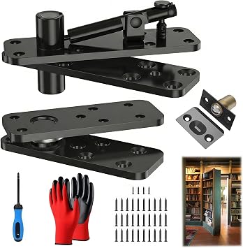 Heavy Duty Pivot Hinge for Hidden Door - 600LB Load Bearing, Stainless Steel Murphy Door Hardware for Secret Bookcase & Invisible Bookshelf Door, Silent 360 Rotation Concealed Hinge Kit