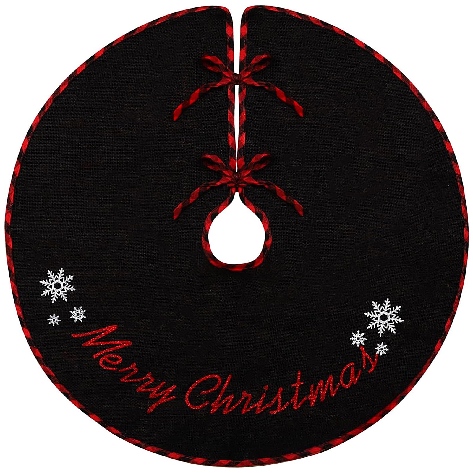 MACTINGBlack Christmas Tree Skirt 48 Inch Large Burlap Tree Mat with Red and Black Plaid Buffalo Edge Christmas Tree Decorations for Halloween Holiday Indoor Home Christmas
