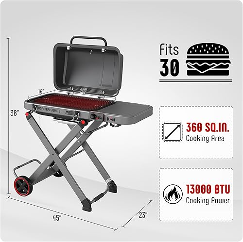 Miniatura 3 de Parrilla portátil de gas propano con carrito plegable y quemador de 13000 BTU, 360 pies cuadrados, mesa auxiliar, ruedas de 8 pulgadas, bandeja de