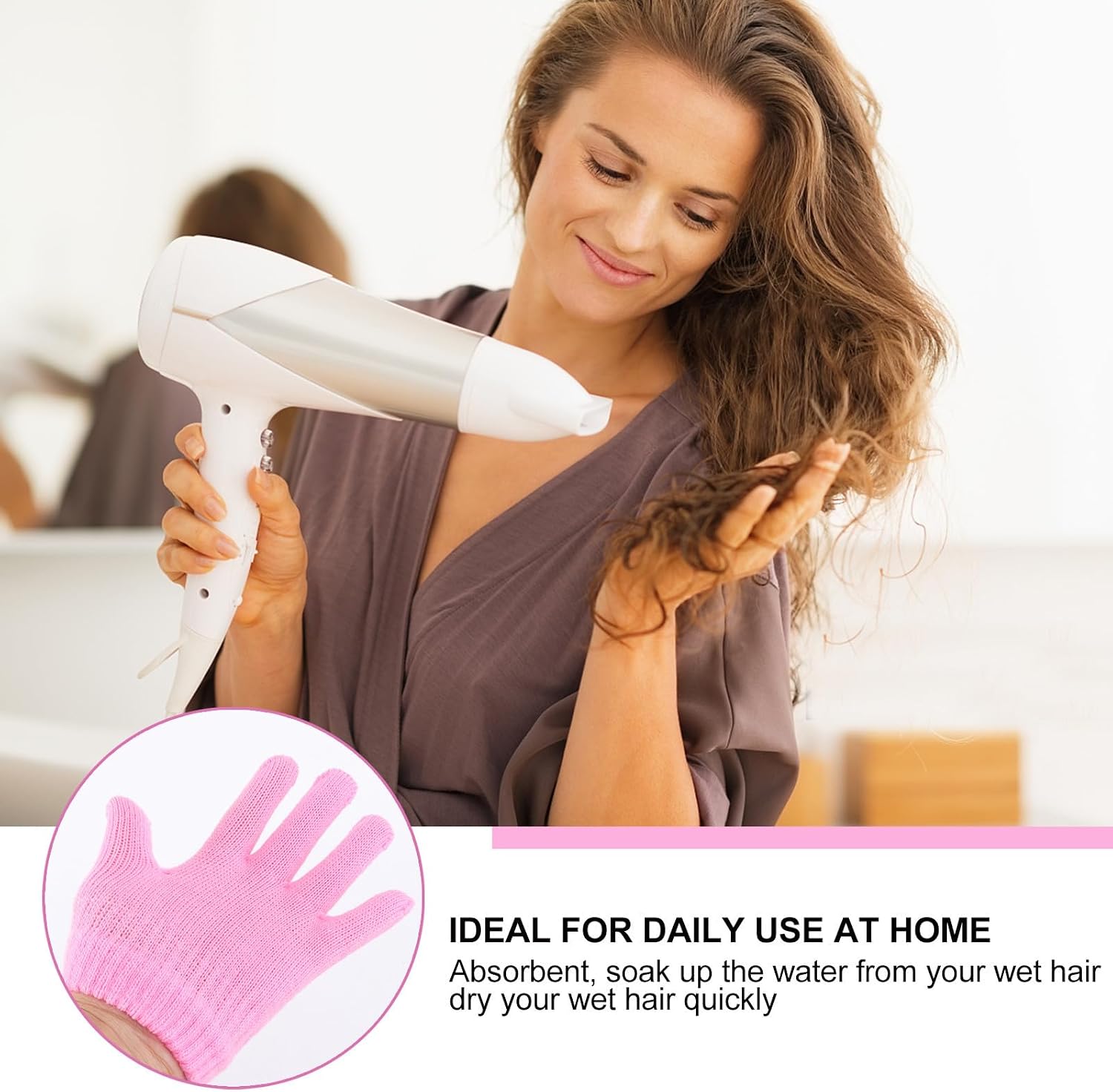 2pcs Microfiber Hair Drying Gloves, Five Finger Quick Dry Pink
