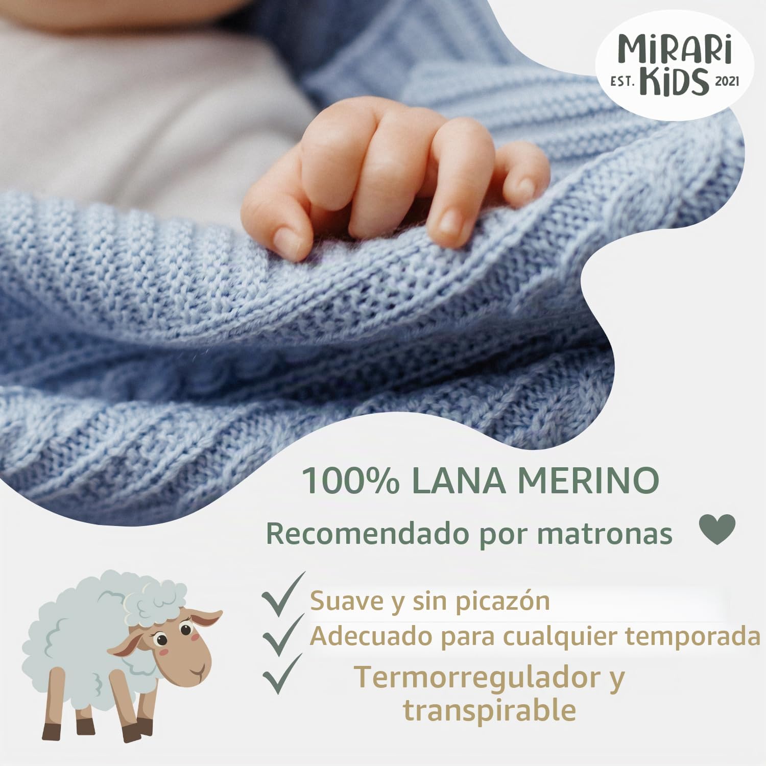 MIRARI Manta para Bebé de Lana de Merino 100% - 75 x 100 cm - Equipamiento Inicial para Recién Nacidos - Manta para Cochecito - Regalo