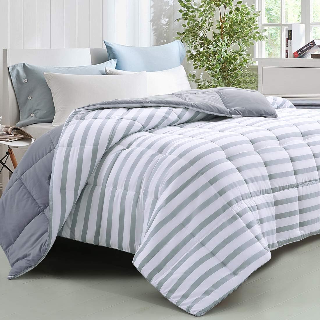 WARM HARBOR Queen/Full Size Reversible Down Alternative Quilted Comforter, All Season Duvet Insert Fluffy Lightweight Bed Comforters with Corner Tabs Grey Striped