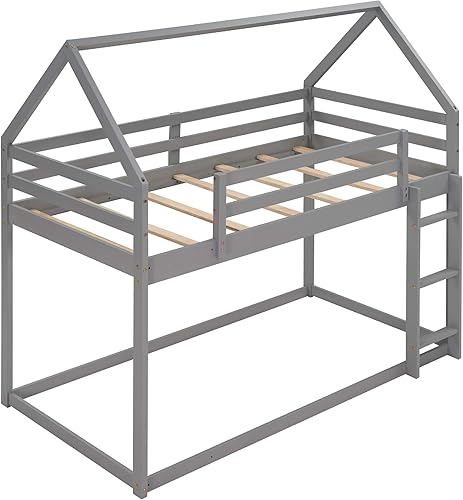 Miniatura 39 de P PURLOVE Litera de casa individual sobre individual con tobogán para niños, adolescentes, litera de madera tamaño individual con techo para sala de