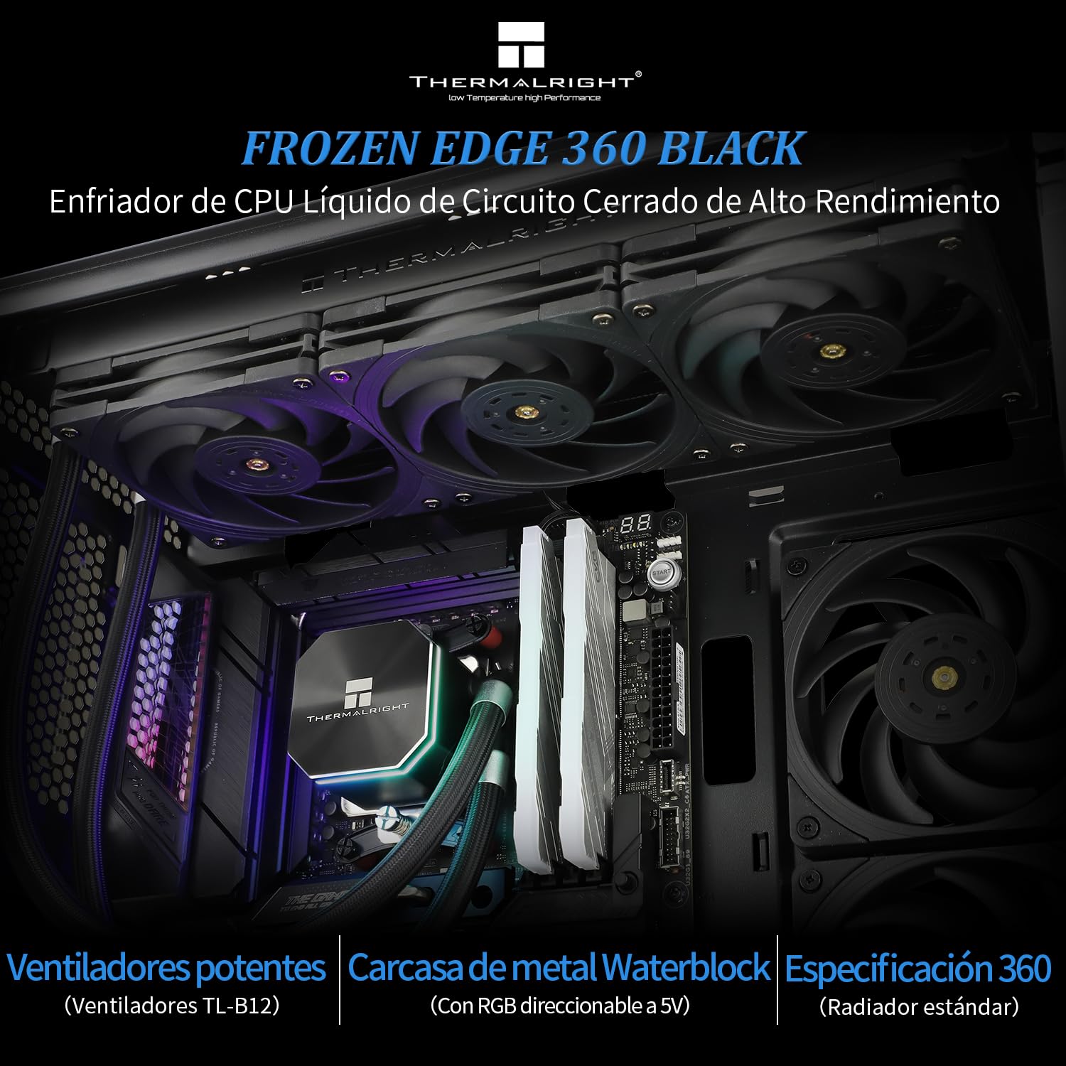 TR Frozen Edge 360 Black refroidisseur d'eau liquide pour CPU avec ventilateur PWM de 120mm, spécification de la rangée froide de 360 noir, AMD/AM4/AM5,Intel LGA1700/1150/1151/1200/2011