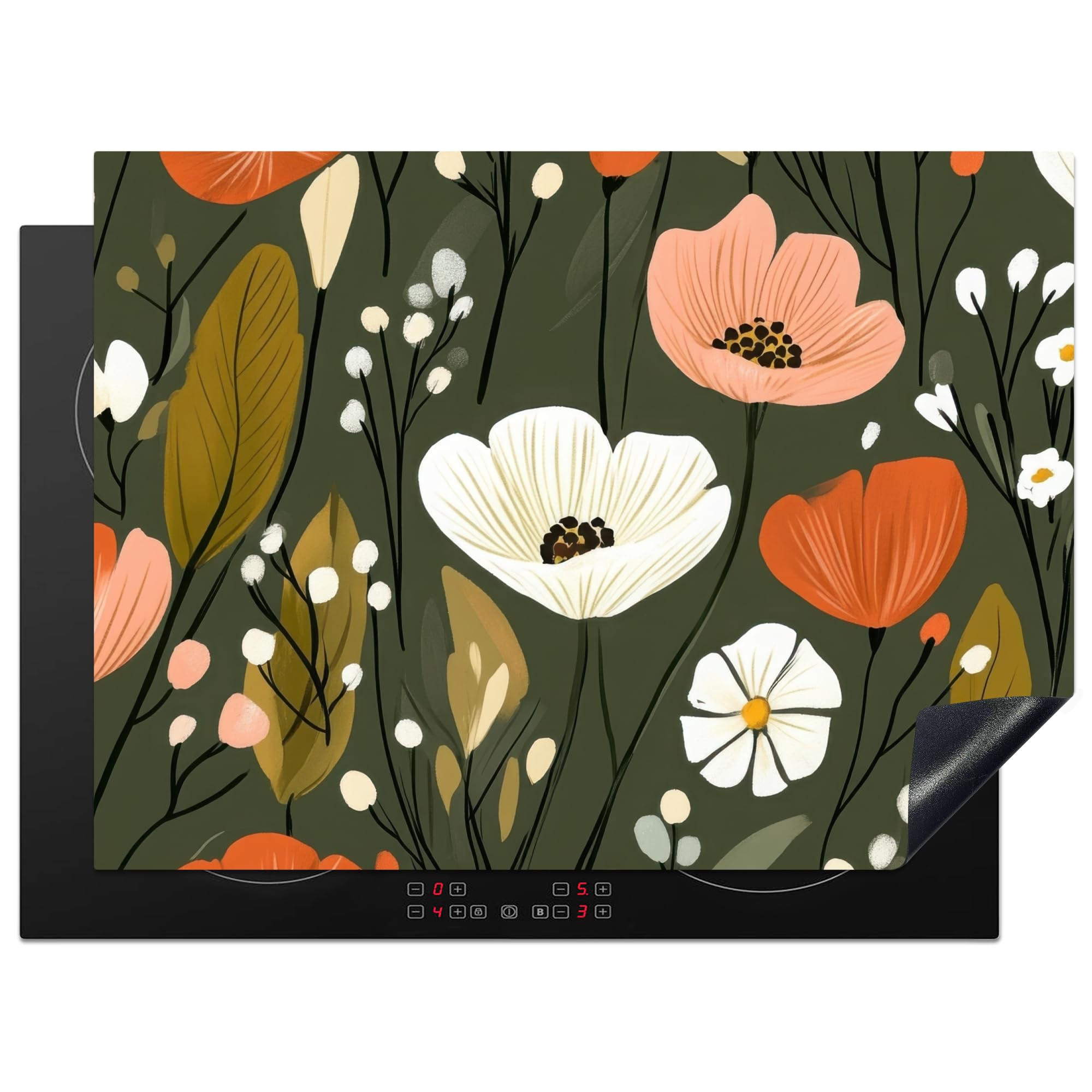KitchenYeah© Induction Hob Cover Protector Mat 20.5"x28" / 71x52 cm Kitchen Universal Ceramic Covers for Electric Cookers Vinyl Flowers - Illustration - Green