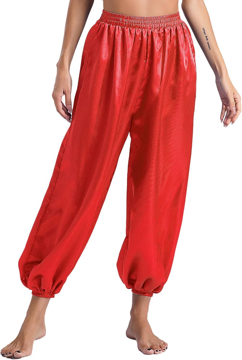 Linjinx Womens Belly Dance Costume Satin Lantern Harem Pants Elastic Waist Indian Arabic Harem Trousers