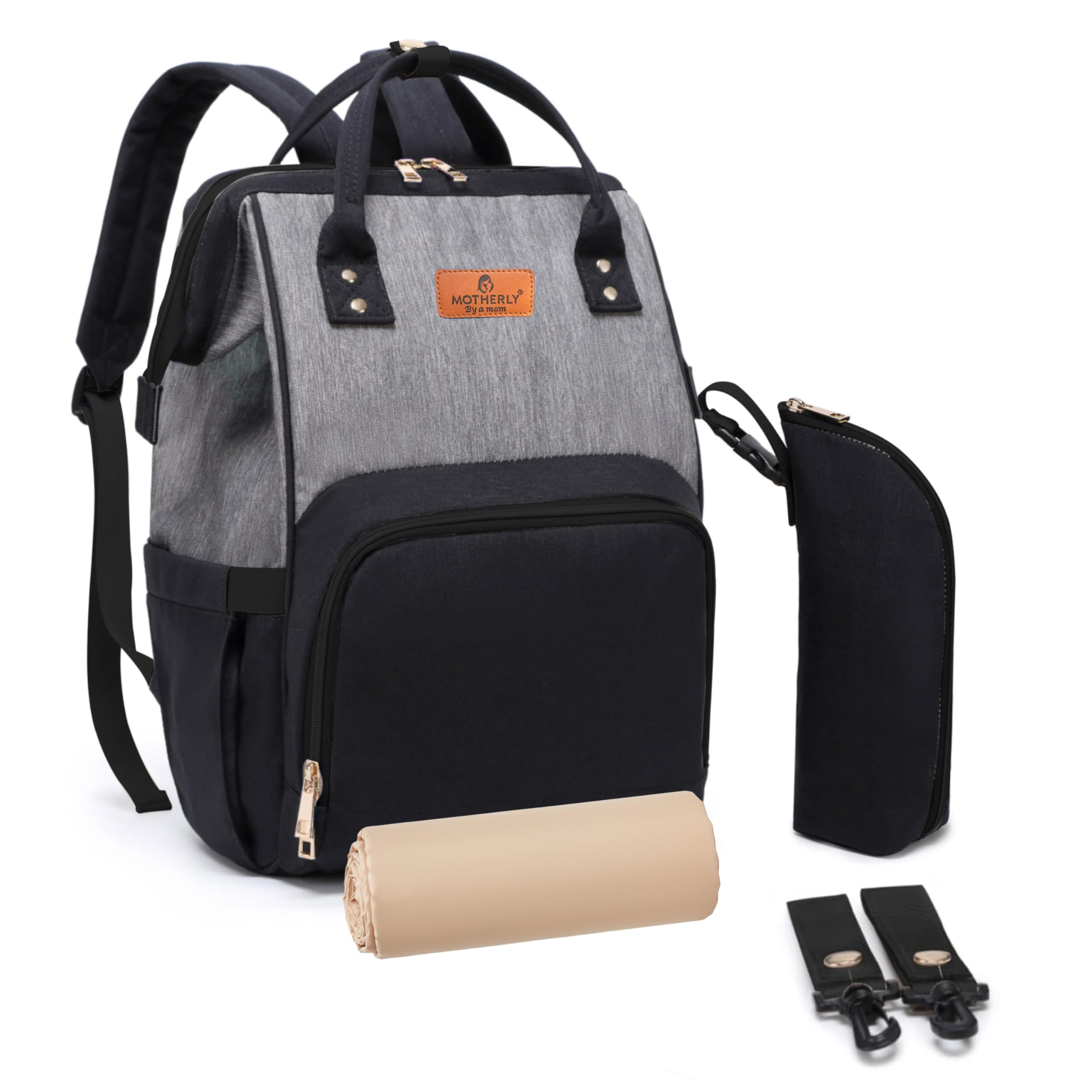 Motherly Crown Combo Melange Fabric Diaper Bag for Mothers for Travel With Warranty | Spacious Diaper Bags for Mom | baby bag for mother travel | Maternity Bags for Mother and Baby - Black And Grey