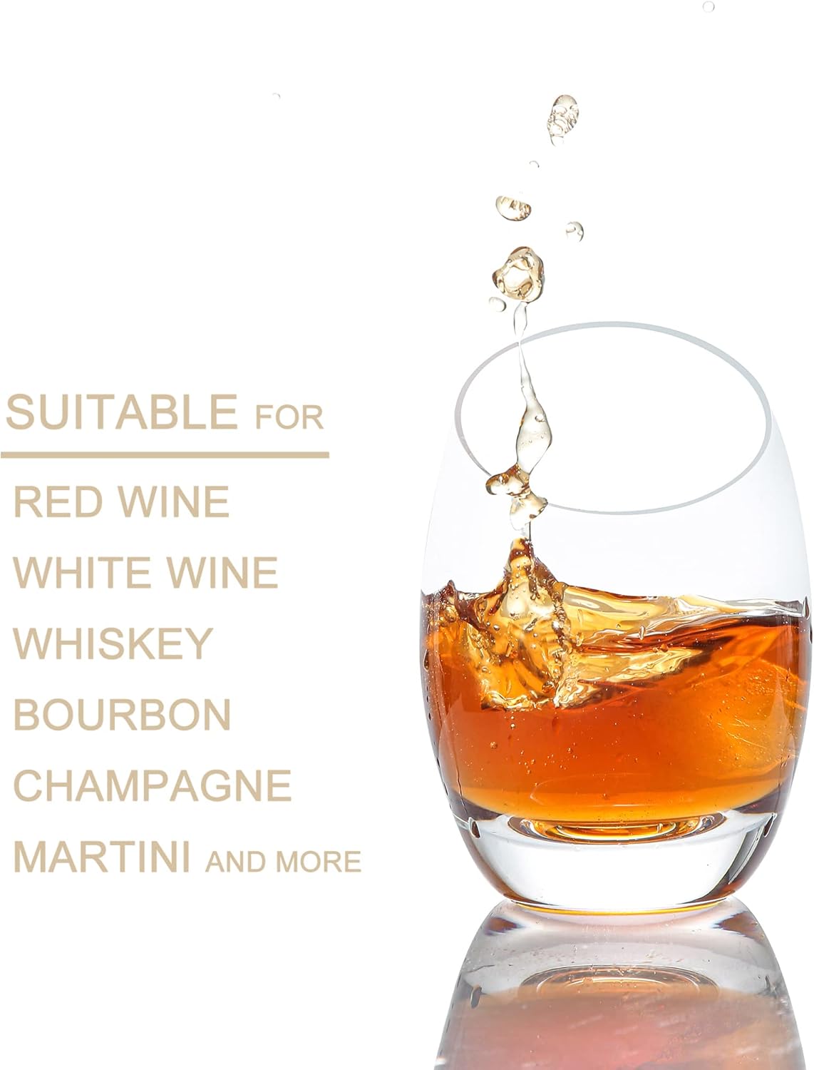 Lysenn Stemless Wine Glasses Set of 2 - Designer Hand Blown Crystal Whiskey Glasses - Unique Gold Base and Tilted Rim Brandy Snifter for Red Wine, Cocktails, Bourbon and Champagne – 10 oz.