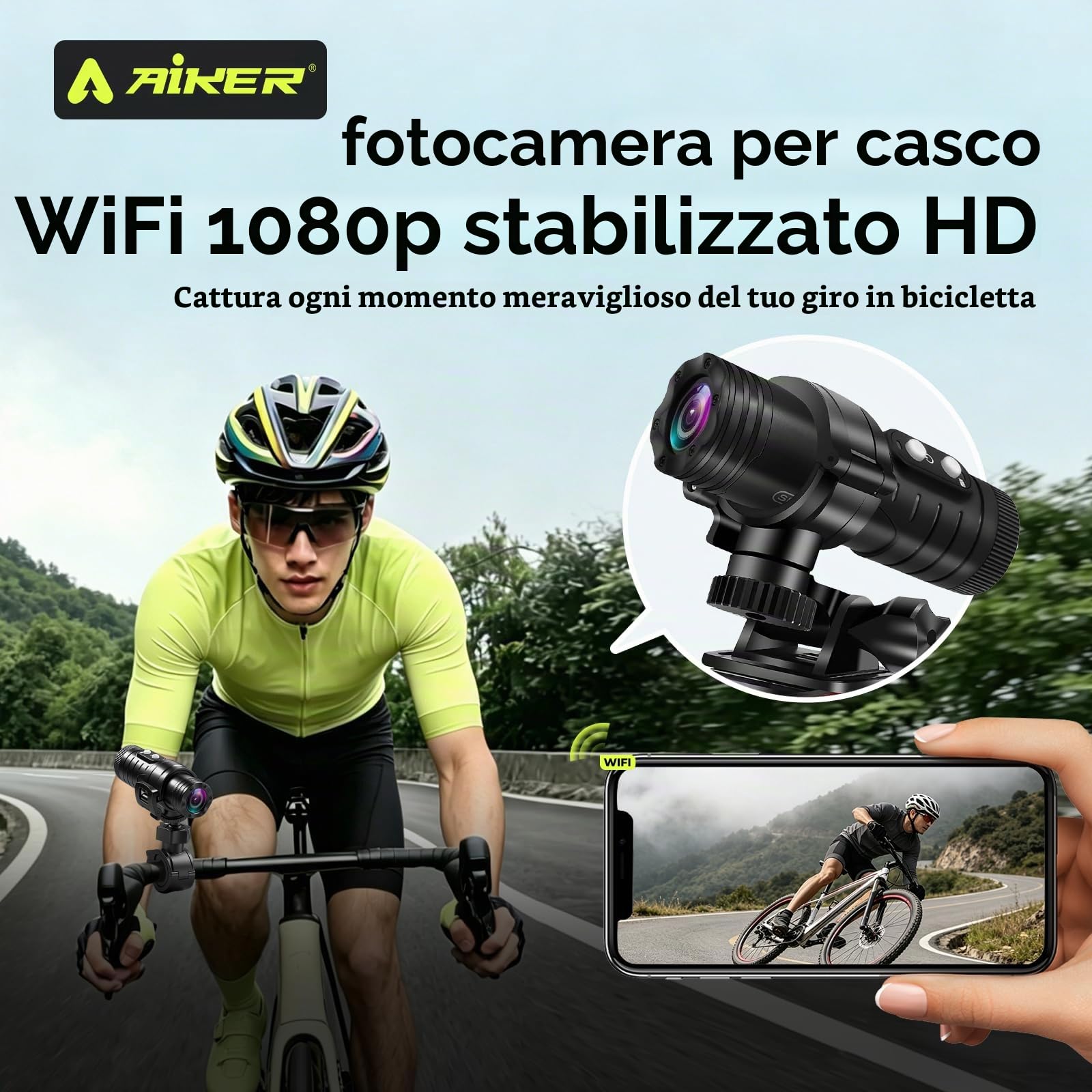 AIKER Dash Cam Moto,Versione Aggiornata Wifi Telecamera Moto 1080phd&Angolo Ampio Di 120°/Ip66 Impermeabile/Lunga autonomia/Regolazione Orizzontale In Tempo Reale Action Cam,Collegamenti Intelligenti