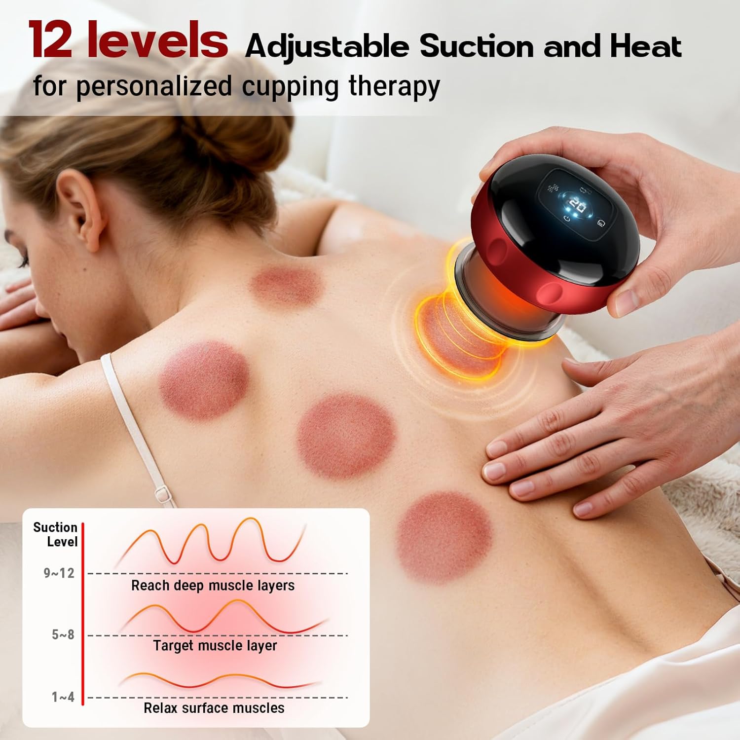 2 Pack Smart Cupping Therapy Massager, 7 in 1 Red Light Cupping Therapy Set with 2 Modes for Targeted Pain Relief, Muscle Soreness,Tighter Skin,Cupping Kit with 12 Levels Suction and Heat - Image 5