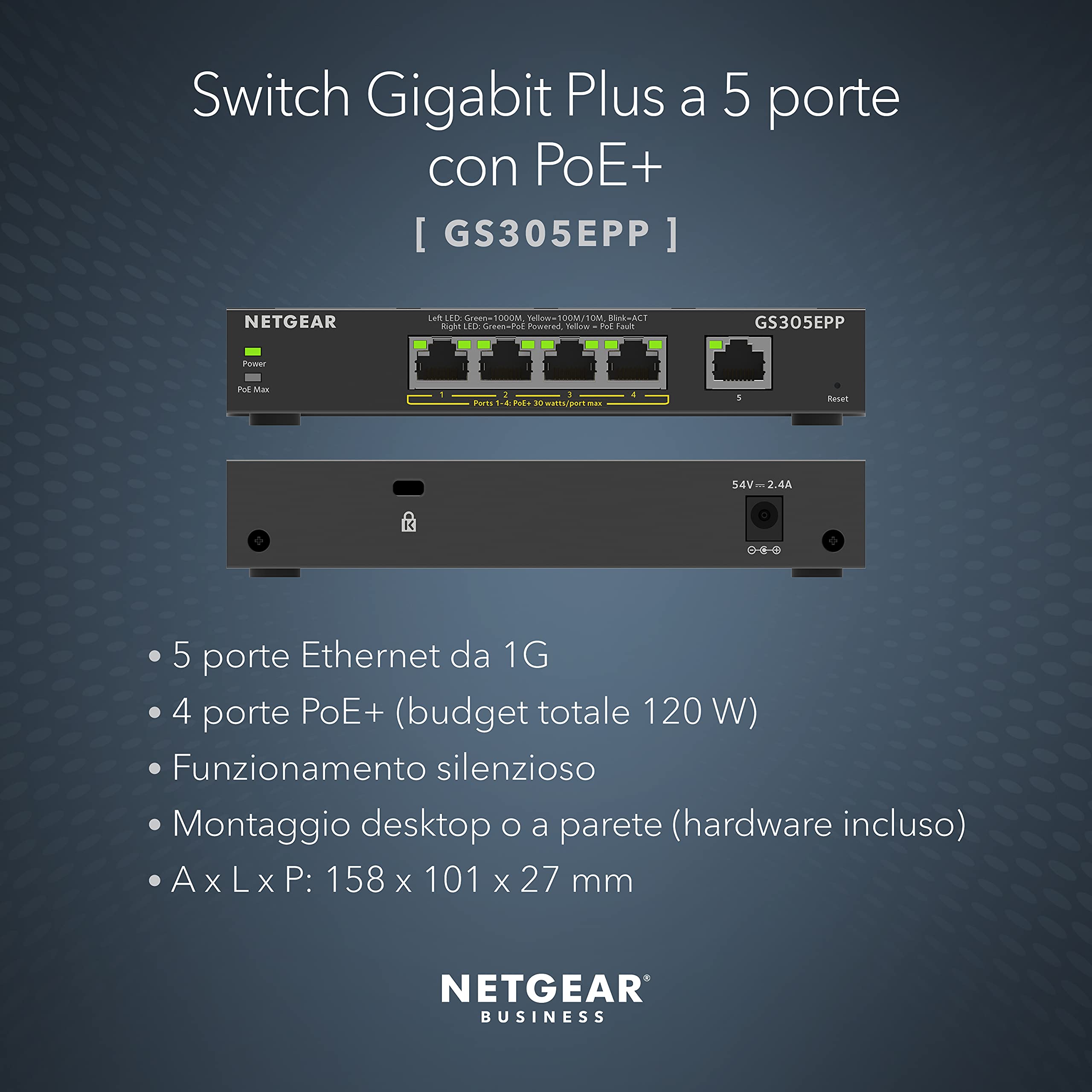 NETGEAR Switch PoE Plus 5 Porte GS305EPP, Supporto VLAN, QoS, Switch Ethernet Gigabit con 8 PoE+ a 123 W, Montaggio Desktop o a Parete