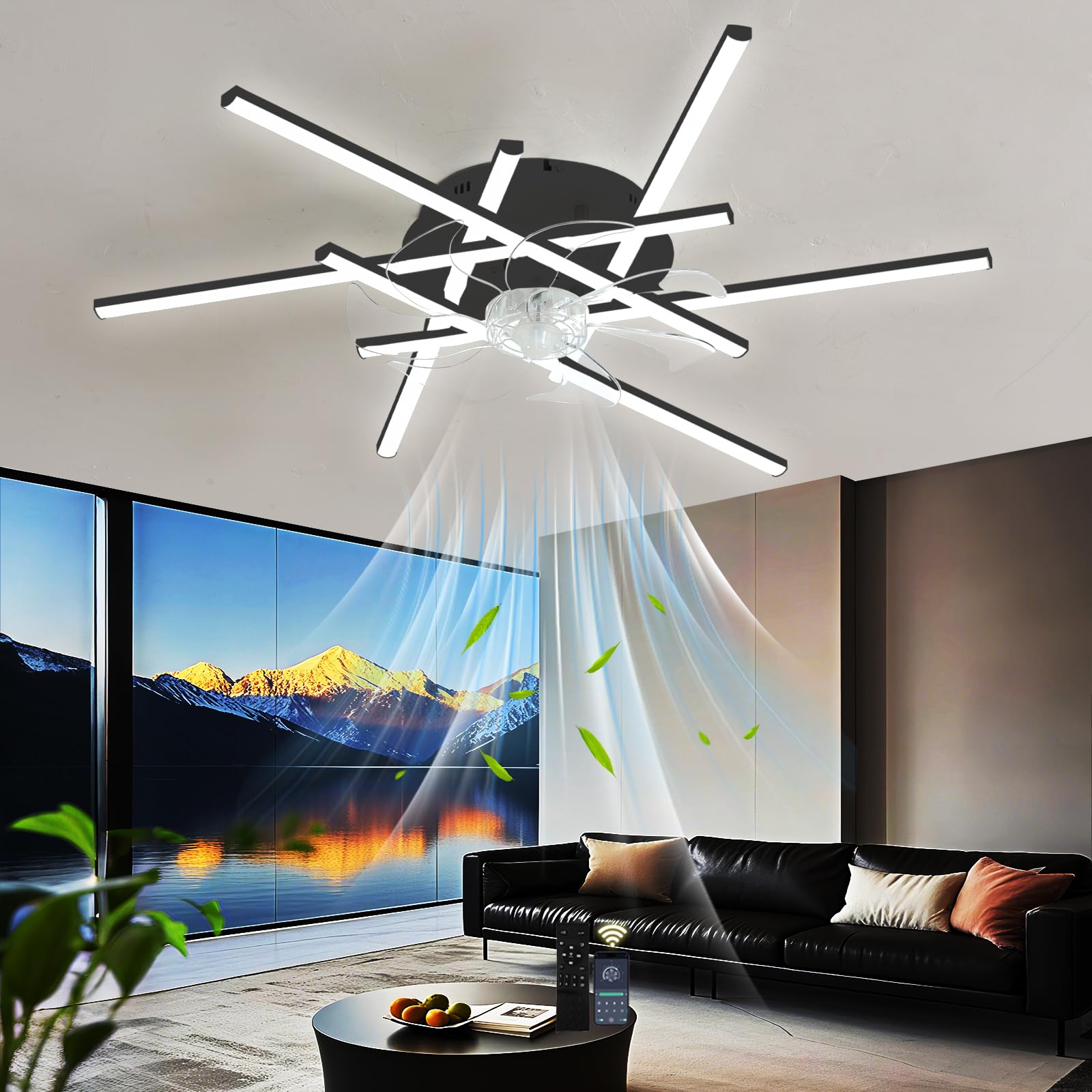 SXDMOUBK Smart LED Ceiling Fan with Lights & Remote 36W Modern Chlier Light 6-Speed Dimmable (3000K-6000K) Reversible Quiet Fan for Bedroom & Living Room Black