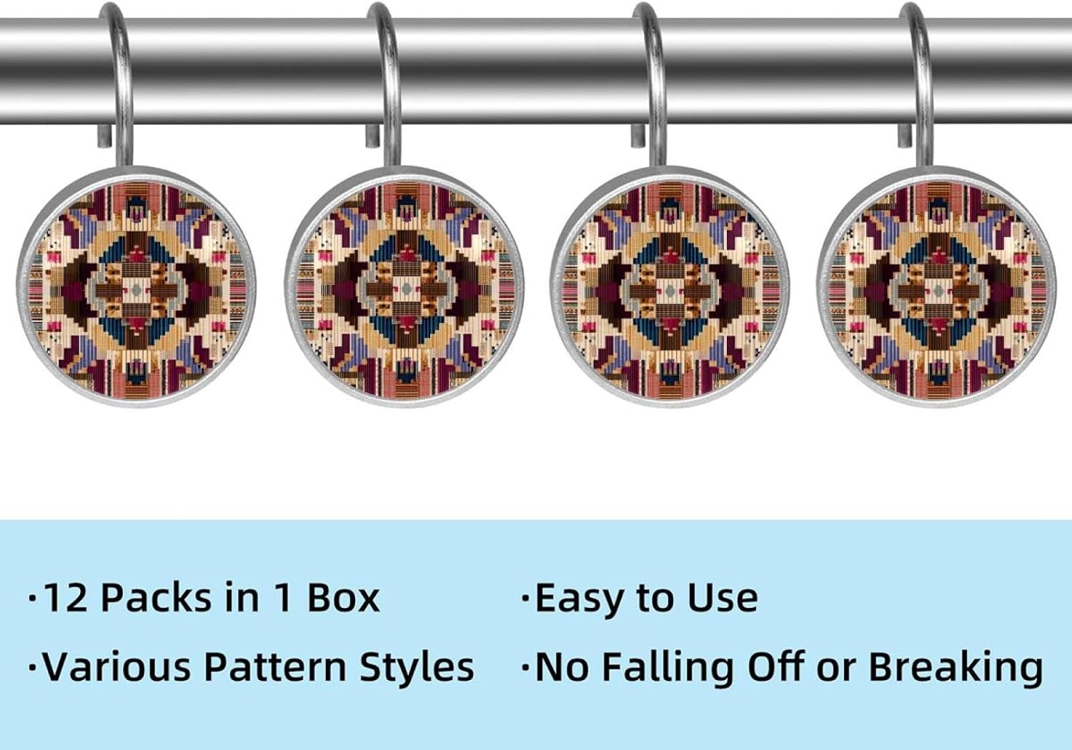 12 Pcs Stainless Steel Shower Curtain Hooks for Shower Curtain, Geometric Retro (3)