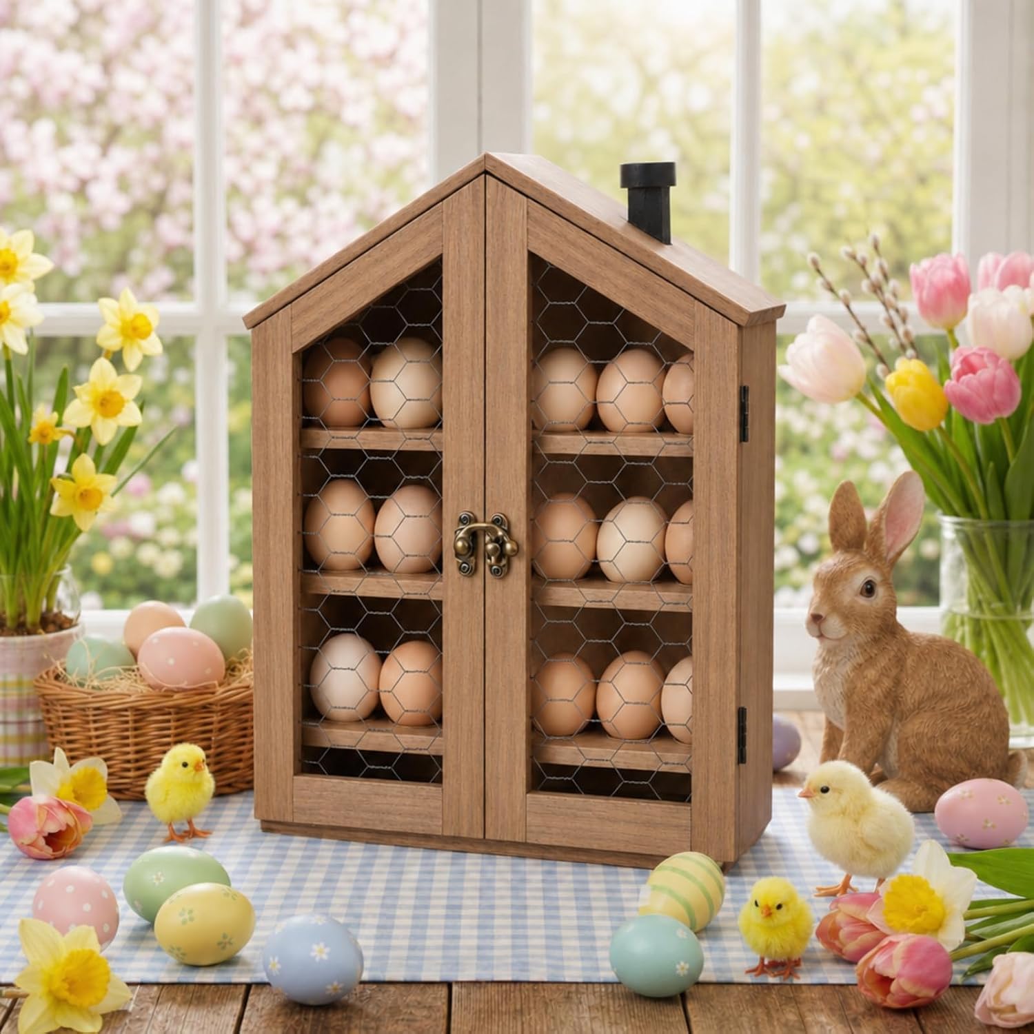 Xuhal Wooden Egg Holder Countertop Farmhouse House Shape Egg Storage Decor 3 Tier Cabin Pull out Storage Shelf Holding up to 24 Distressed Collecting Basket for Gathering Kitchen