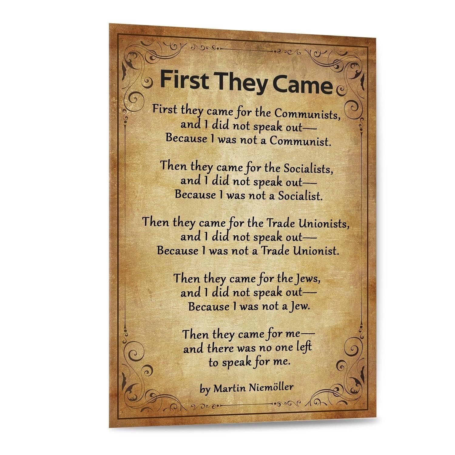 FOPURE Historical Poem Canvas Print - First They Came For Me Martin Niemoller Quote, Thought-Provoking Wall-Art for Home Office Decor(Unframed,12x18inch(30x45cm))
