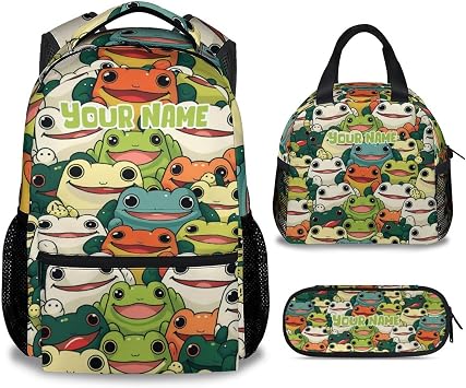 Personalized Frog Backpack with Lunch Box and Pencil Case Set, 3 in 1 Matching Girls Boys Colorful Backpacks Combo, Novelty Bookbag and Pencil Case Bundle