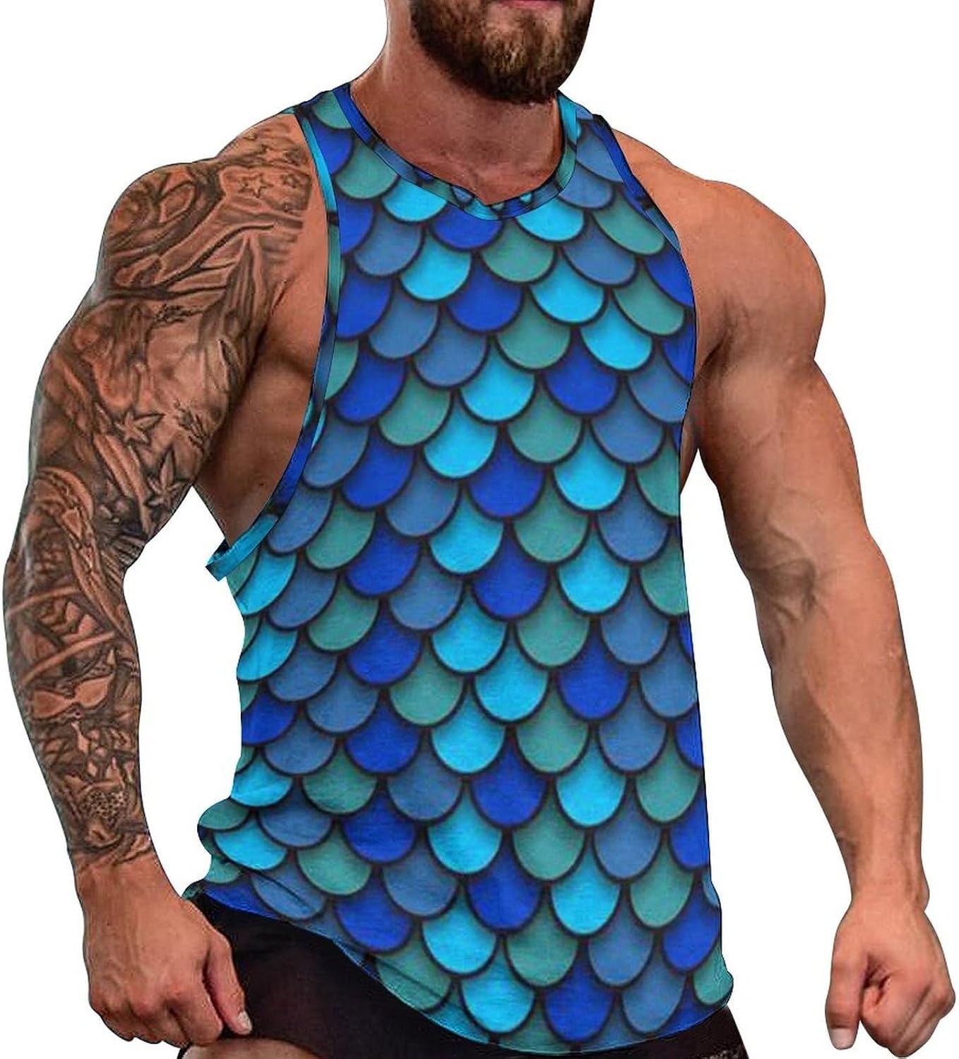 Blue Pattern of Fish Scales Mens Tank Tops Sleeveless Muscle Shirts Beach Casual Gym Shirt Vest Tee Tops