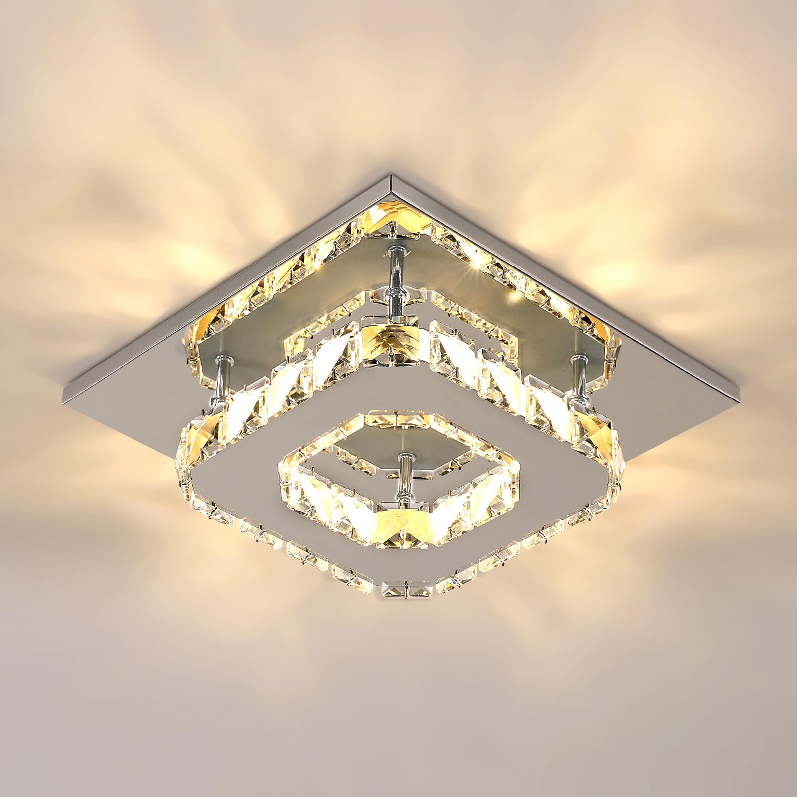 GoecoSquare Modern LED Ceiling Light, Crystal Flush Mount Chandelier Ceiling Light, 3000K Crystal Close to Ceiling Lighting Stainless Steel Fixture for Bedroom, Hallway, Dining Room, Living Room