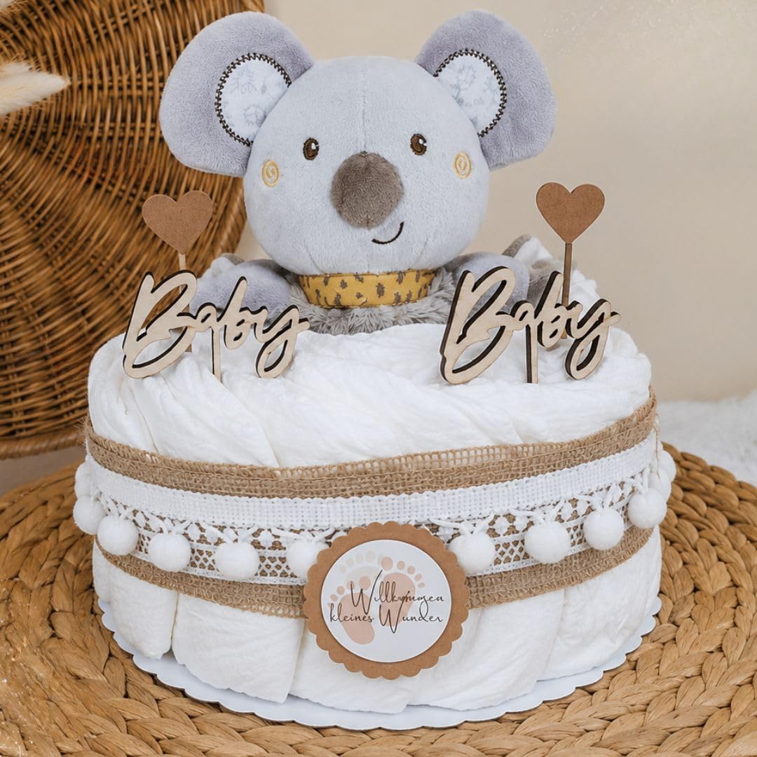 Torta per pannolini Piccola con peluche boho, stile vintage, prodotta in Germania, alta qualità e bellissimi accessori, regalo per la nascita